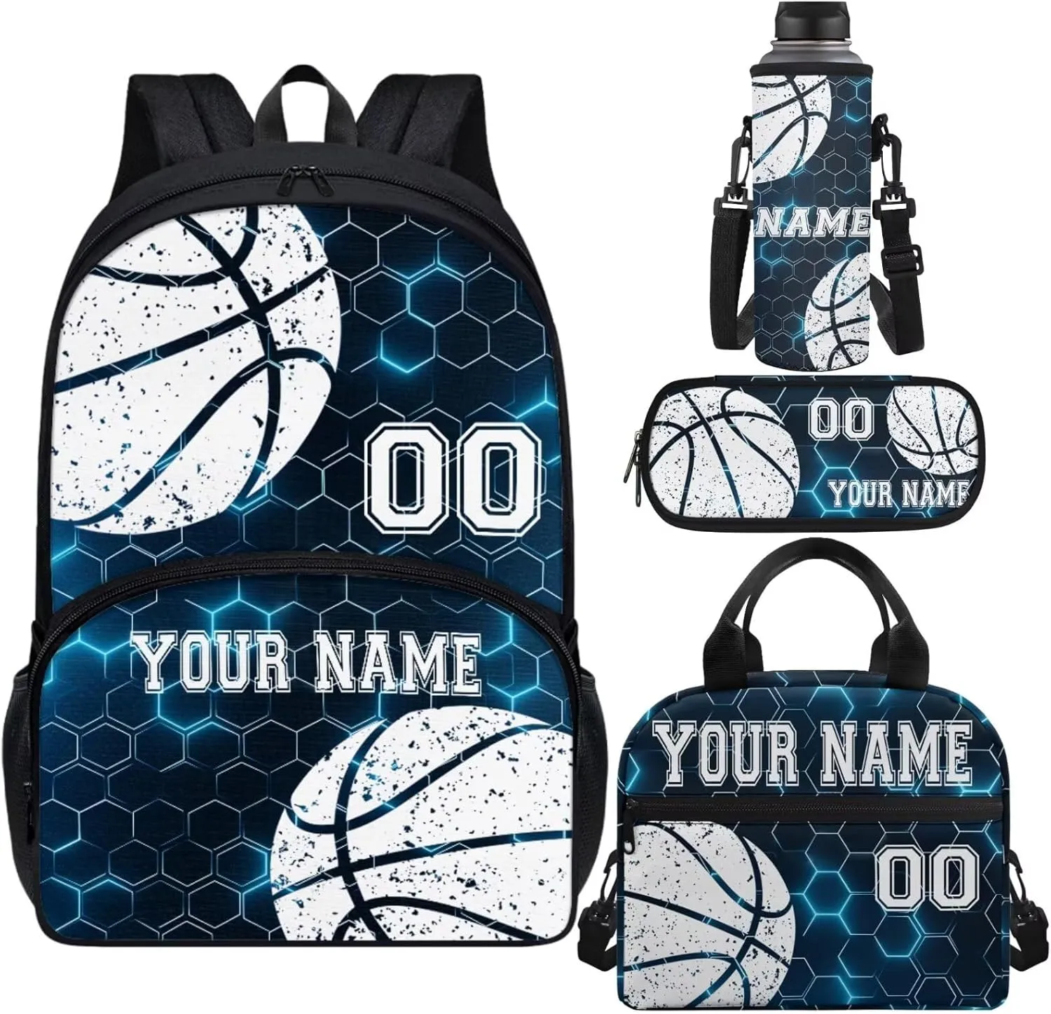 Basketball Ball Blue Hexagonal Grid Kid Customize School Backpack for Boy Girl Hiking Backpack Water-Resistant Laptop Book Lunch Bag Daypack Knapsack Rucksack Pen Case Water Bottle Bag