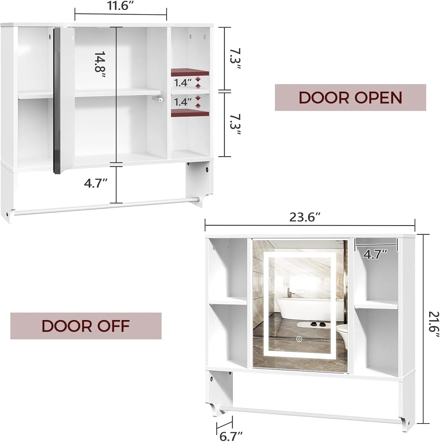 Bathroom Wall Cabinet with Mirror, Wall Mounted Medicine Cabinet with Color Adjustment LED Lights, Mirrored Over The Toilet Storage Cabinet with Adjustable Shelves, 23.6''W x 21.6''H, White