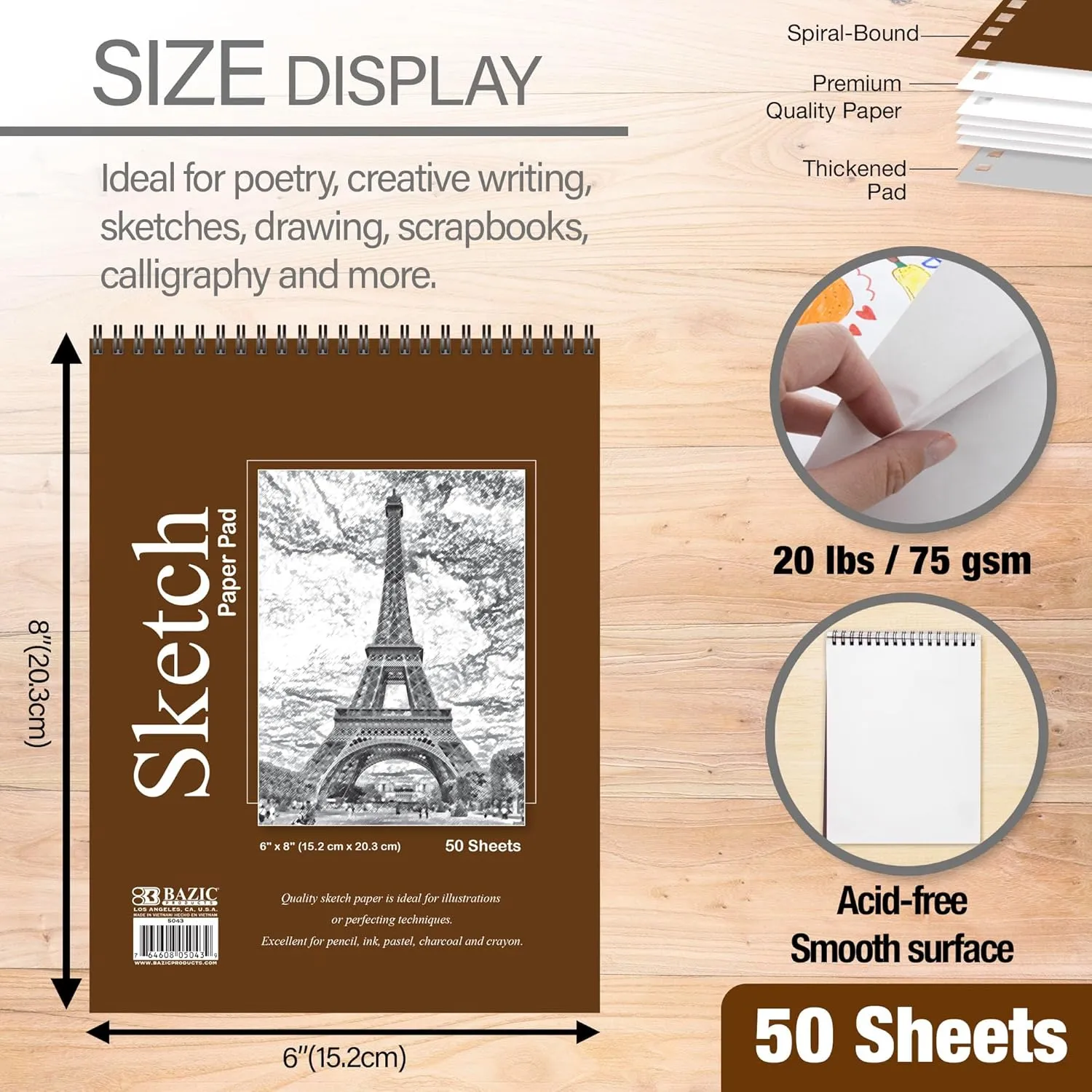 BAZIC Sketch Pad 50 Sheet 6" X 8", Top Bound Spiral Sketchbook Drawing Pads, Sketching Paper Coloring Book for Artist School, 48-Pack