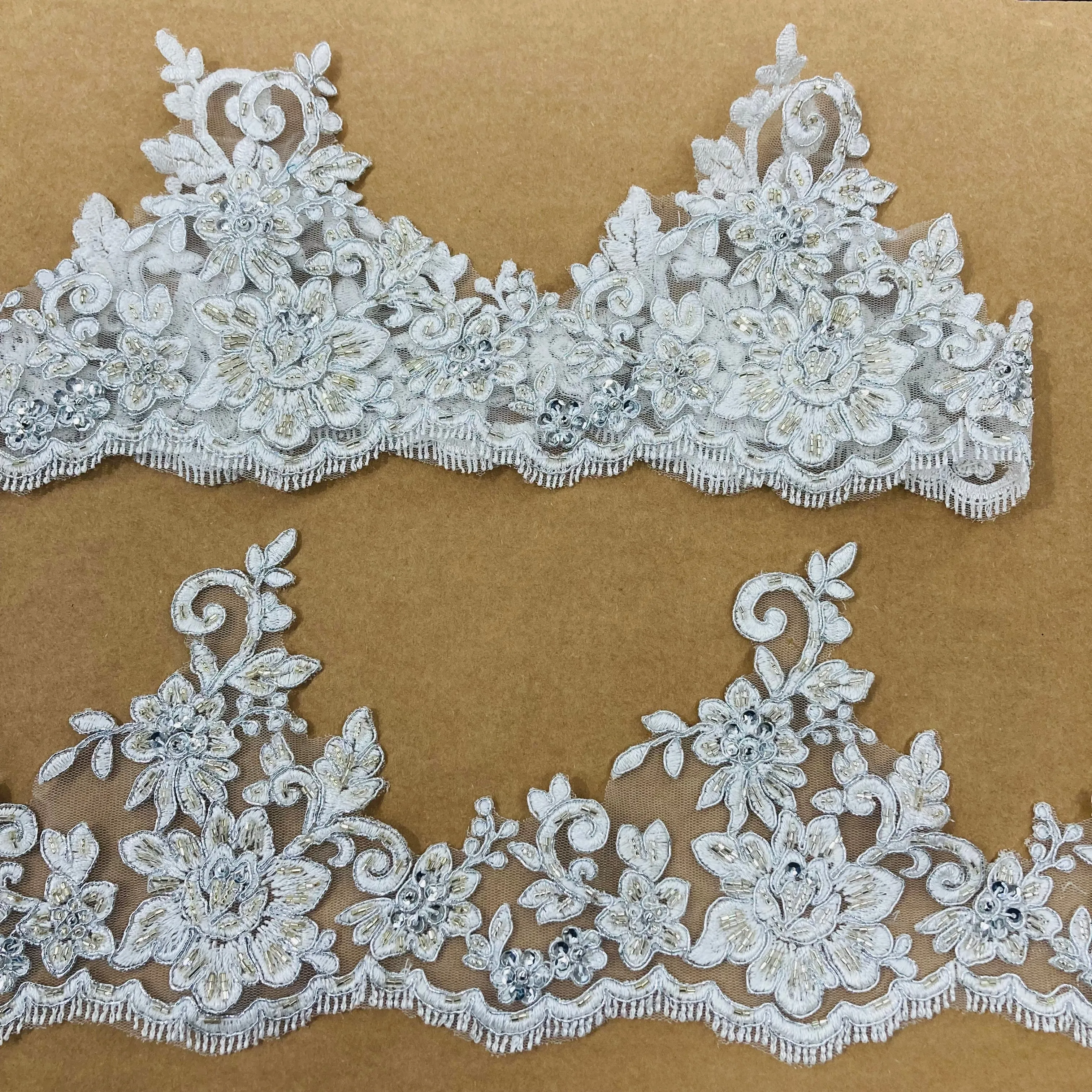 Beaded & Corded Floral Lace Trimming Embroidered on 100% Polyester Net Mesh | Lace USA - 96441W-HB