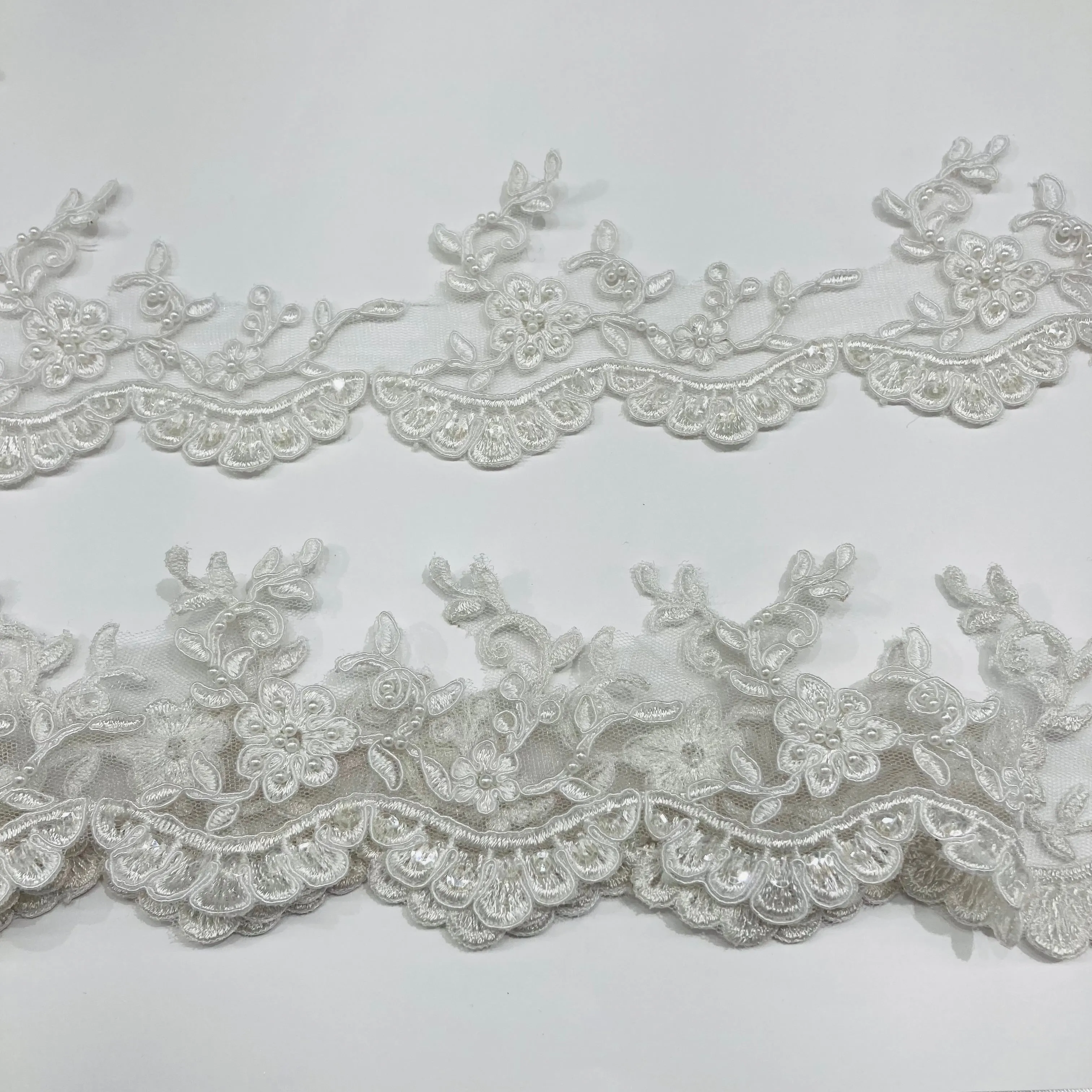 Beaded & Corded Lace Trimming Embroidered on 100% Polyester  Net Mesh | Lace USA - 95955W-BP