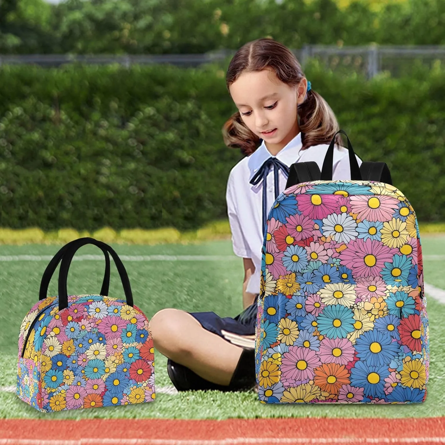 Beautiful Daisy Flower Backpack Set with Lunch Bag for Girls Boys Elementary Primary School Kids Lightweight Daypack Set