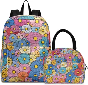 Beautiful Daisy Flower Backpack Set with Lunch Bag for Girls Boys Elementary Primary School Kids Lightweight Daypack Set