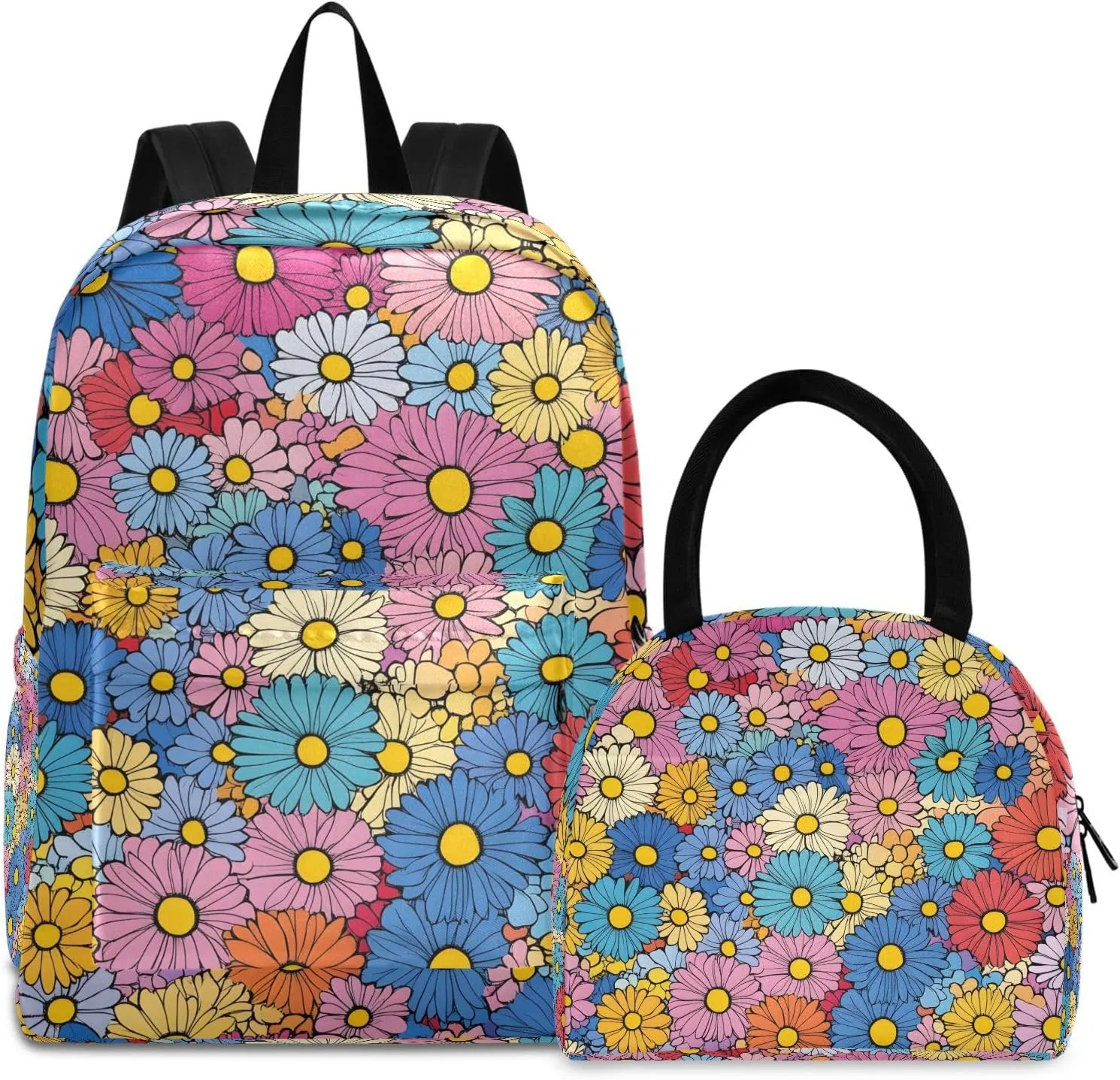 Beautiful Daisy Flower Backpack Set with Lunch Bag for Girls Boys Elementary Primary School Kids Lightweight Daypack Set