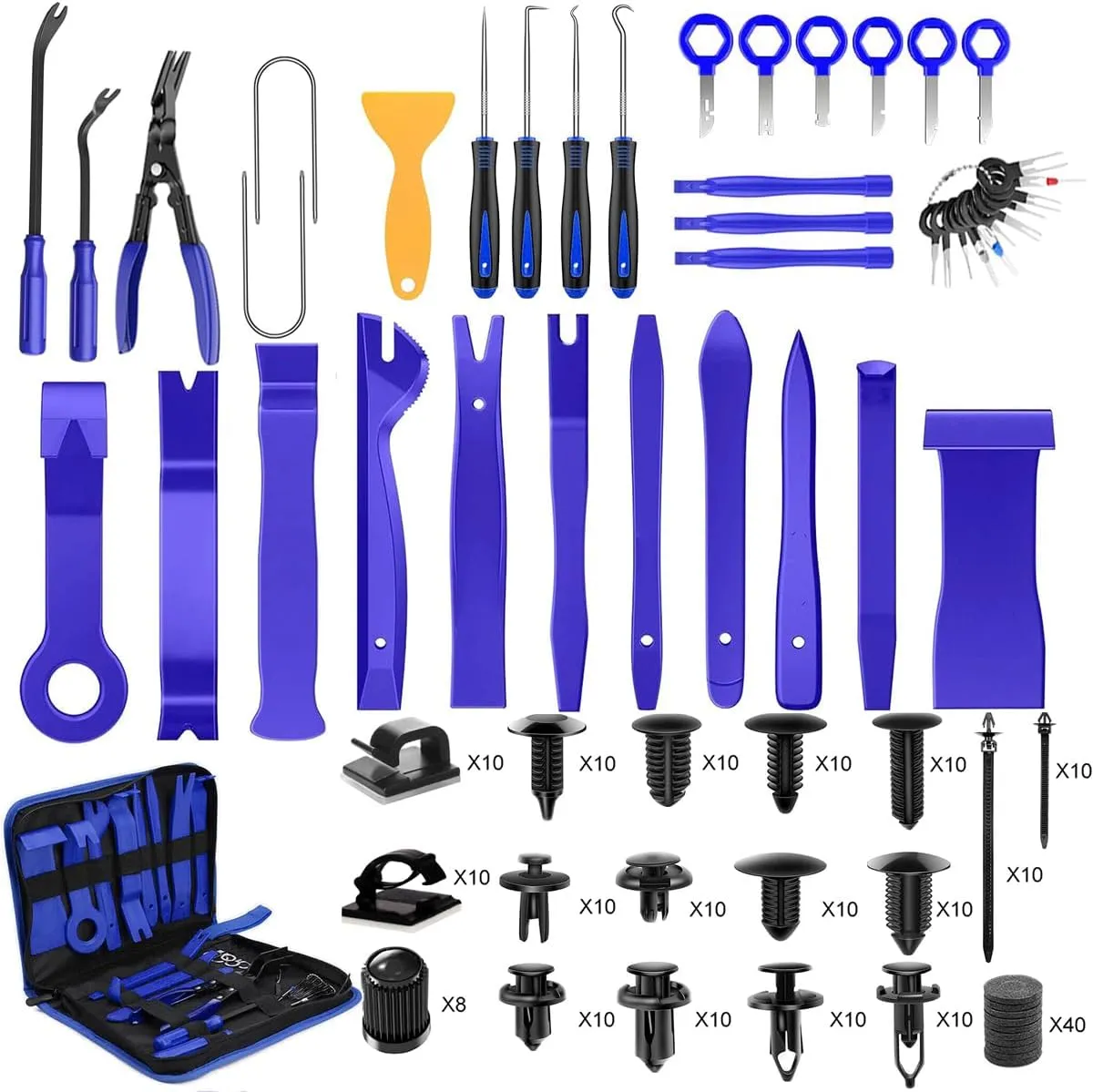 beduan 250 Pcs Trim Removal Tool, Pry Kit, Car Panel Tool Stereo Removal Tool Kit, Auto Clip Pliers Fastener Remover Pry Tool Kit, Car Upholstery Repair Kit with Storage Bag