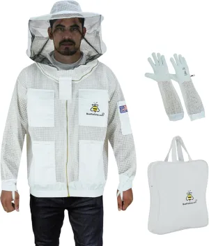 BeeProGear 3-layer Ultra Mesh Beekeeping Jacket for Beekeepers |Round Veil Bee Jacket for uni-sex with Sting-Proof Leather gloves and bag (White, XL)