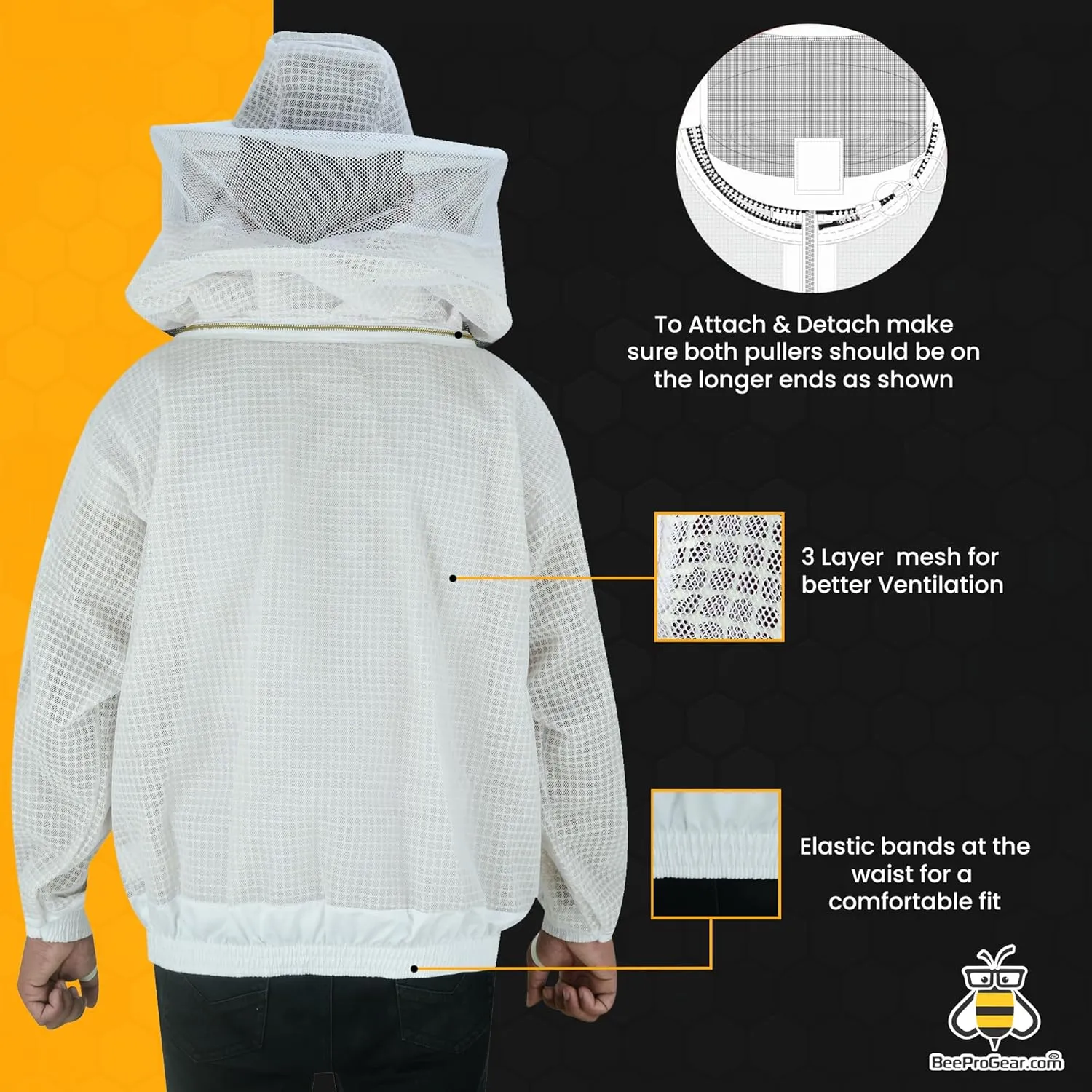 BeeProGear 3-layer Ultra Mesh Beekeeping Jacket for Beekeepers |Round Veil Bee Jacket for uni-sex with Sting-Proof Leather gloves and bag (White, XL)