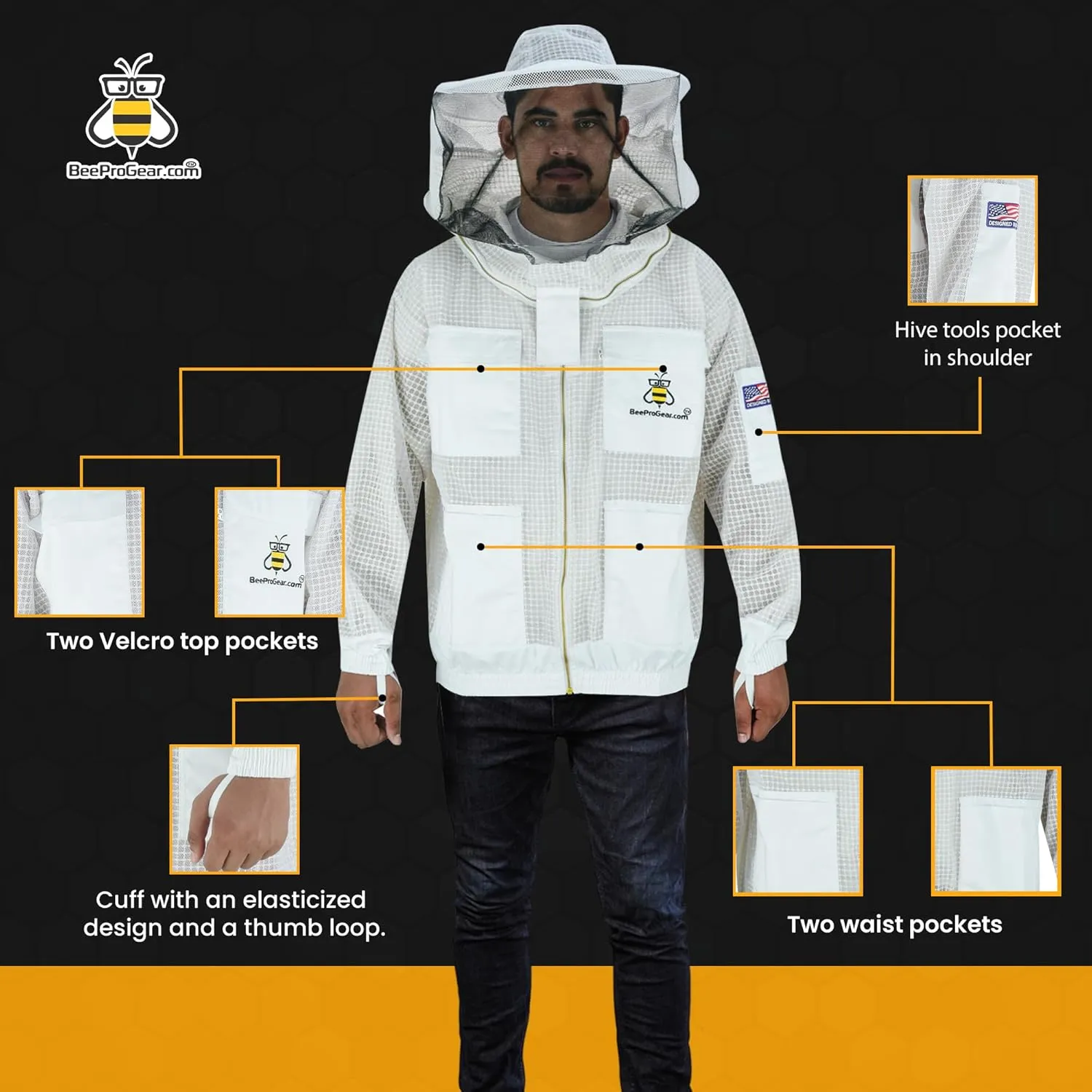 BeeProGear 3-layer Ultra Mesh Beekeeping Jacket for Beekeepers |Round Veil Bee Jacket for uni-sex with Sting-Proof Leather gloves and bag (White, XL)