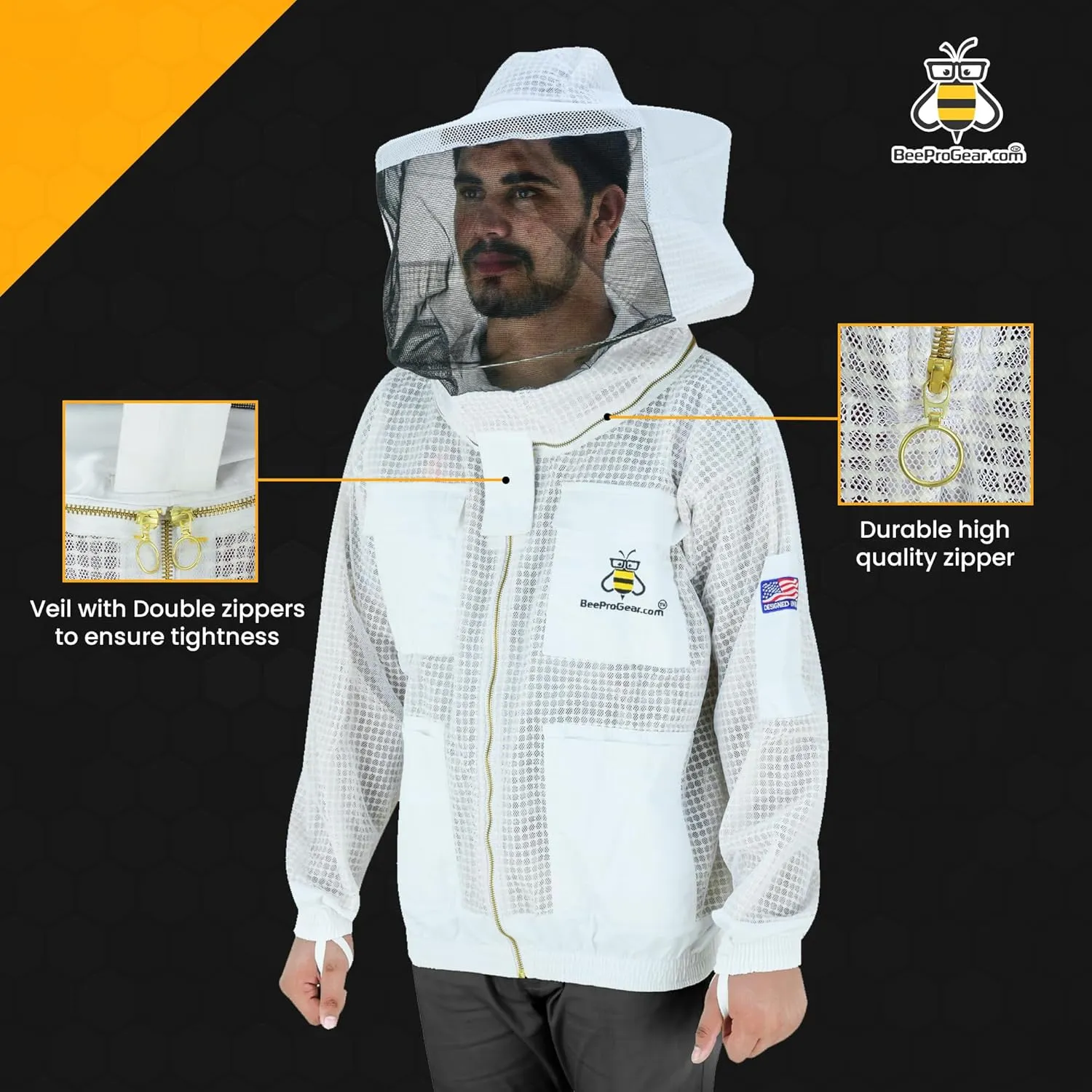 BeeProGear 3-layer Ultra Mesh Beekeeping Jacket for Beekeepers |Round Veil Bee Jacket for uni-sex with Sting-Proof Leather gloves and bag (White, XL)