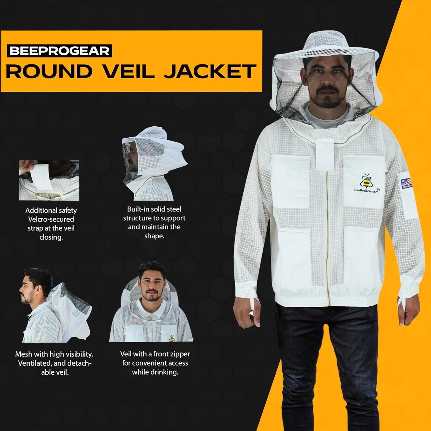 BeeProGear 3-layer Ultra Mesh Beekeeping Jacket for Beekeepers |Round Veil Bee Jacket for uni-sex with Sting-Proof Leather gloves and bag (White, XL)