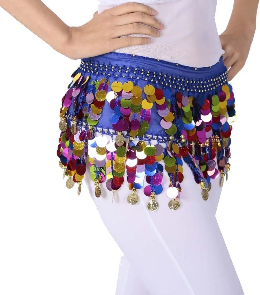 Belly Dance Color Sequin Film Gong Hip Scarf Skirt With Gold Coins For Women Belly Dancer Costume Chiffon