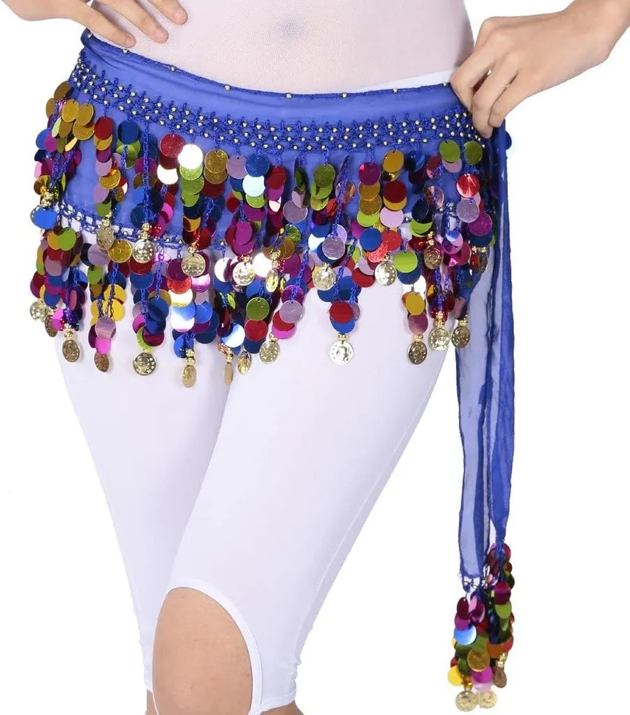 Belly Dance Color Sequin Film Gong Hip Scarf Skirt With Gold Coins For Women Belly Dancer Costume Chiffon