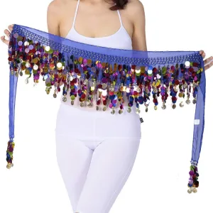 Belly Dance Color Sequin Film Gong Hip Scarf Skirt With Gold Coins For Women Belly Dancer Costume Chiffon
