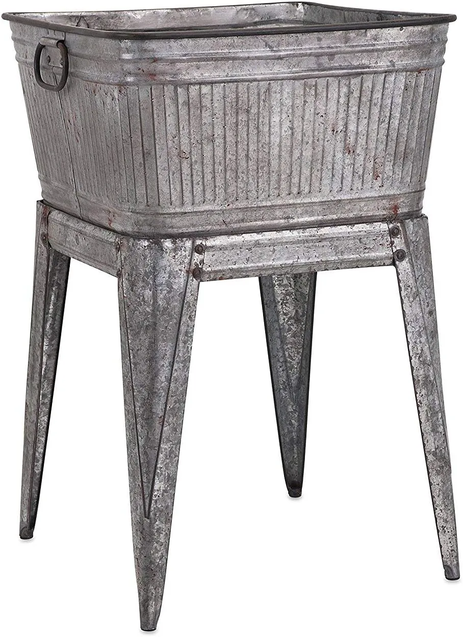 Benjara Multi Functional Galvanized Metal Tub on Stand, Gray
