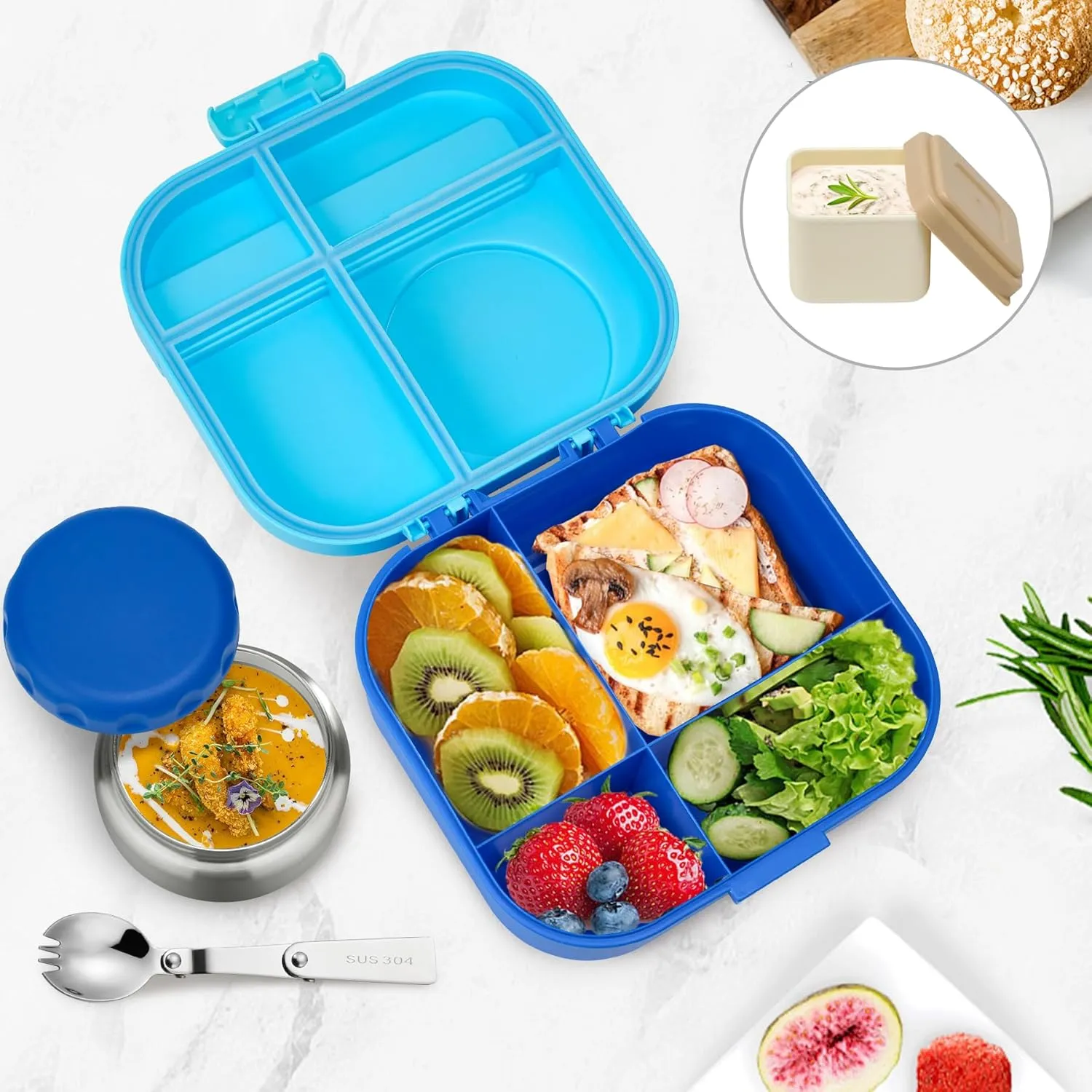 Bento Lunch Box for Kids with 12oz Soup Thermo,4 Compartments Lunch Box Containers Kids, Includes Foldable Spoon &Sauce Jar, BPA Free&Leak proof,Insulated Food Jar for Travel,School,Picnic