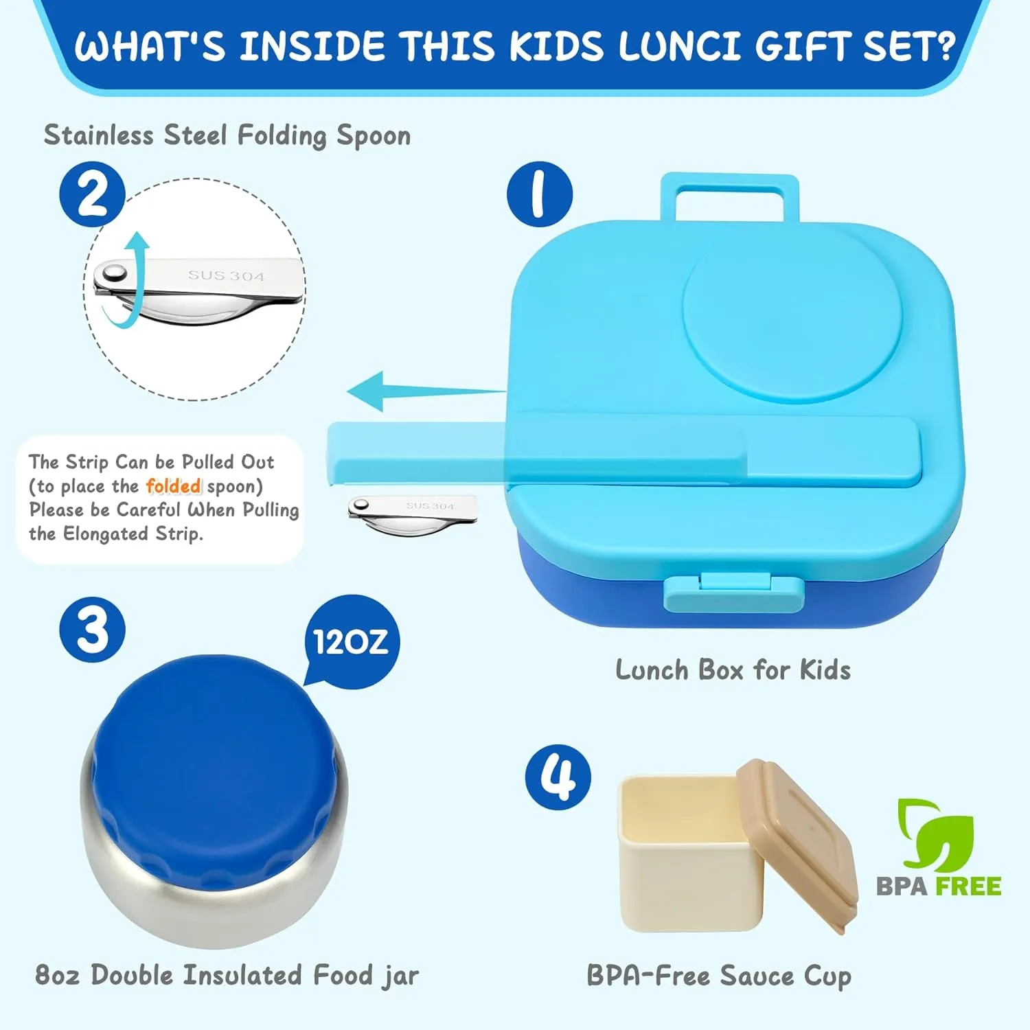 Bento Lunch Box for Kids with 12oz Soup Thermo,4 Compartments Lunch Box Containers Kids, Includes Foldable Spoon &Sauce Jar, BPA Free&Leak proof,Insulated Food Jar for Travel,School,Picnic