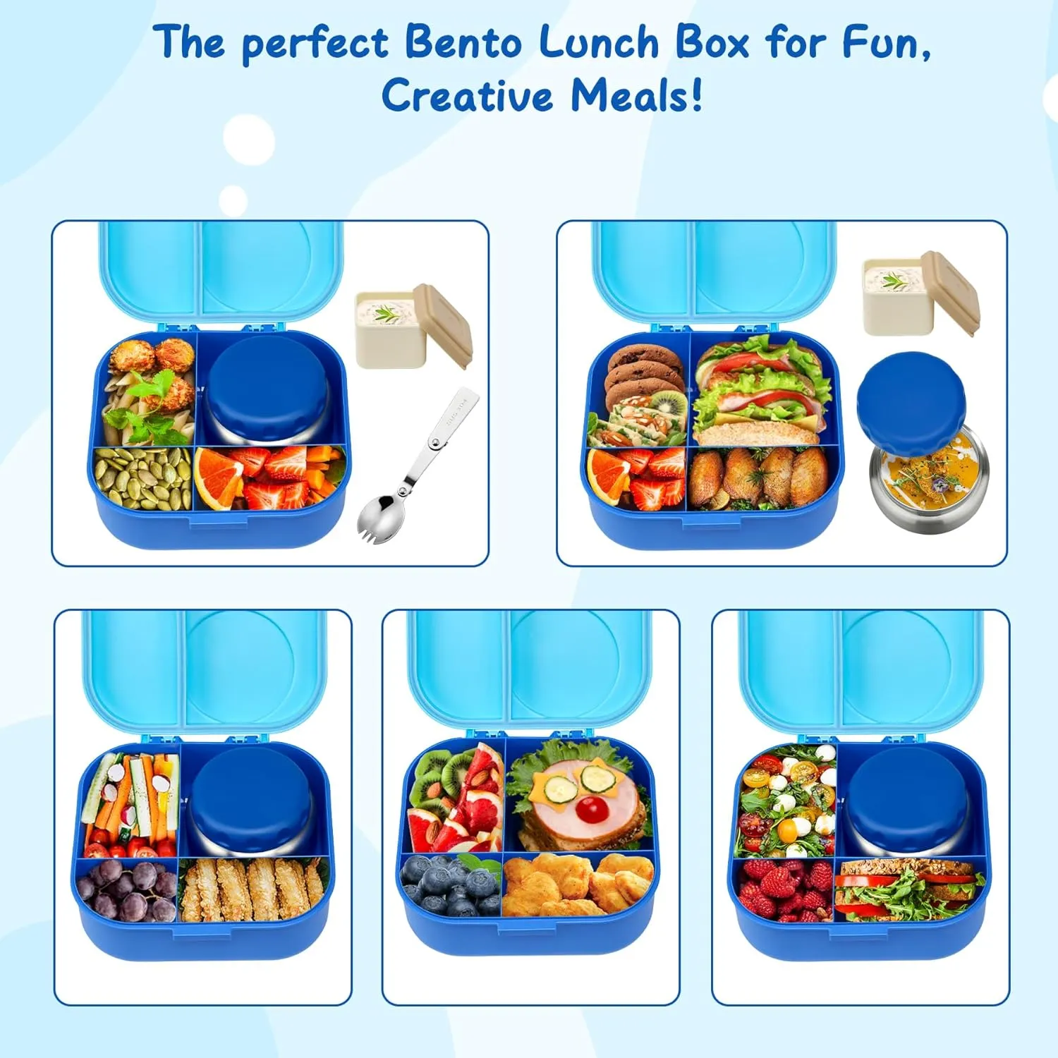 Bento Lunch Box for Kids with 12oz Soup Thermo,4 Compartments Lunch Box Containers Kids, Includes Foldable Spoon &Sauce Jar, BPA Free&Leak proof,Insulated Food Jar for Travel,School,Picnic