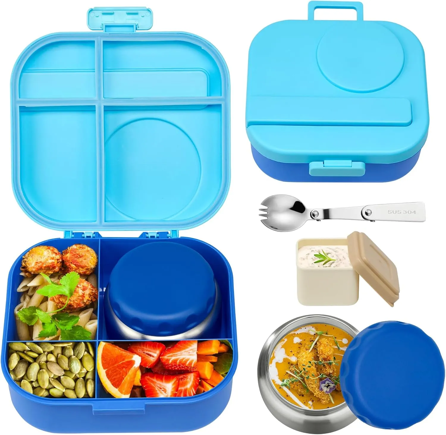 Bento Lunch Box for Kids with 12oz Soup Thermo,4 Compartments Lunch Box Containers Kids, Includes Foldable Spoon &Sauce Jar, BPA Free&Leak proof,Insulated Food Jar for Travel,School,Picnic