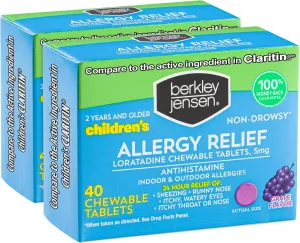 Berkley Jensen Allergy Relief Children's Chewables Loratadine, Non Drowsy 24 Hour Kids Allergy Medicine, 80 Grape Antihistamine Chewable Tablets, for Children 2 Years and Older, 40 Count (Pack of 2)