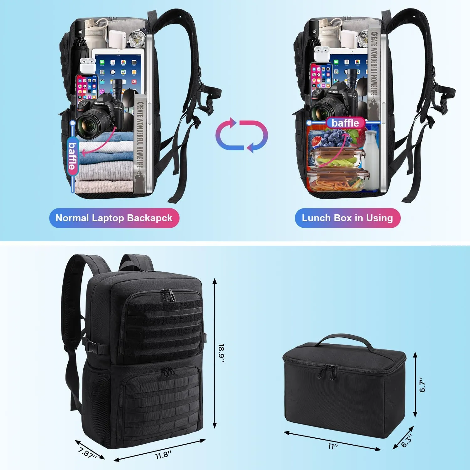 BERTASCHE Lunch Backpack, Laptop Backpack 15.6 inch Work Backpack w/Insulated Cooler Lunch box for Men Women, Casual Daypack for Work Commuter Picnic College