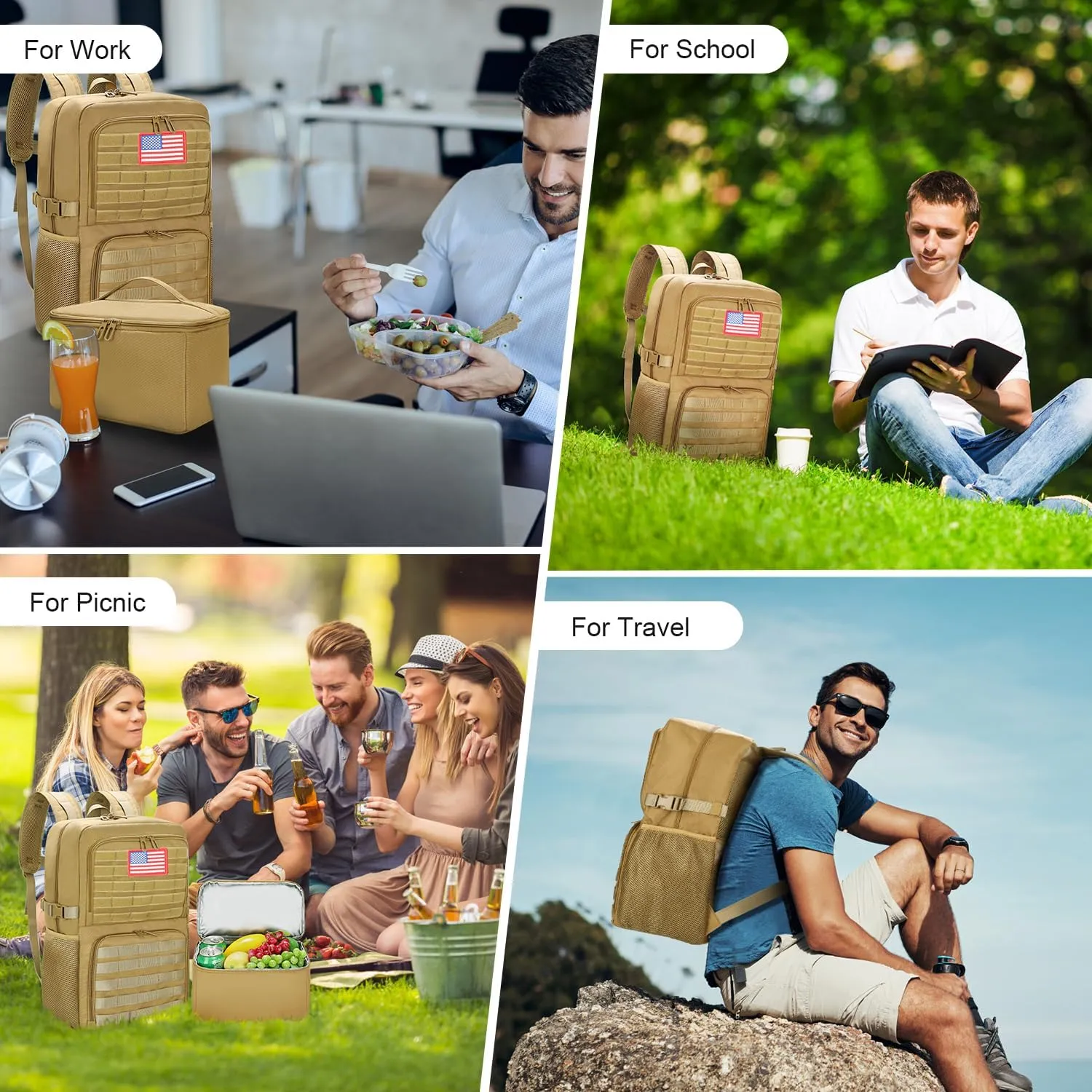 BERTASCHE Lunch Backpack, Laptop Backpack 15.6 inch Work Backpack w/Insulated Cooler Lunch box for Men Women, Casual Daypack for Work Commuter Picnic College,Khaki