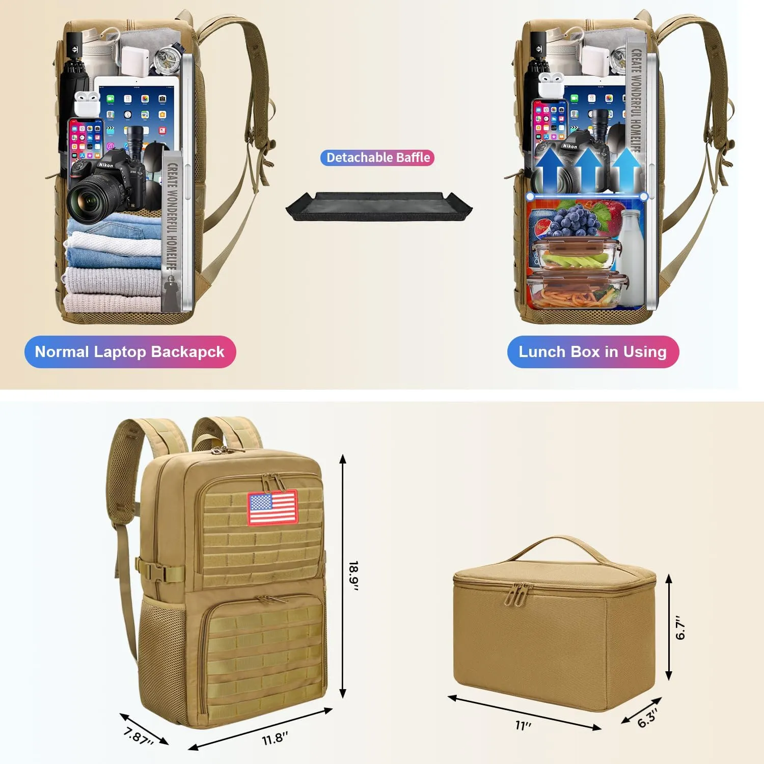 BERTASCHE Lunch Backpack, Laptop Backpack 15.6 inch Work Backpack w/Insulated Cooler Lunch box for Men Women, Casual Daypack for Work Commuter Picnic College,Khaki