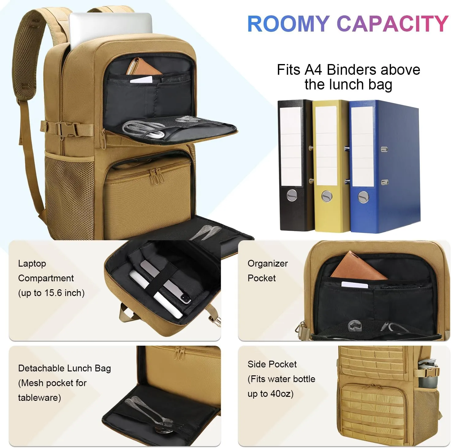BERTASCHE Lunch Backpack, Laptop Backpack 15.6 inch Work Backpack w/Insulated Cooler Lunch box for Men Women, Casual Daypack for Work Commuter Picnic College,Khaki