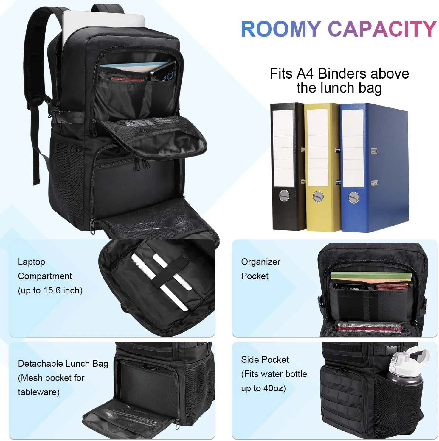 BERTASCHE Lunch Backpack, Laptop Backpack 17 inch Work Backpack w/Insulated Cooler Lunch box for Men Women, Casual Daypack for Work Commuter Picnic College,Black