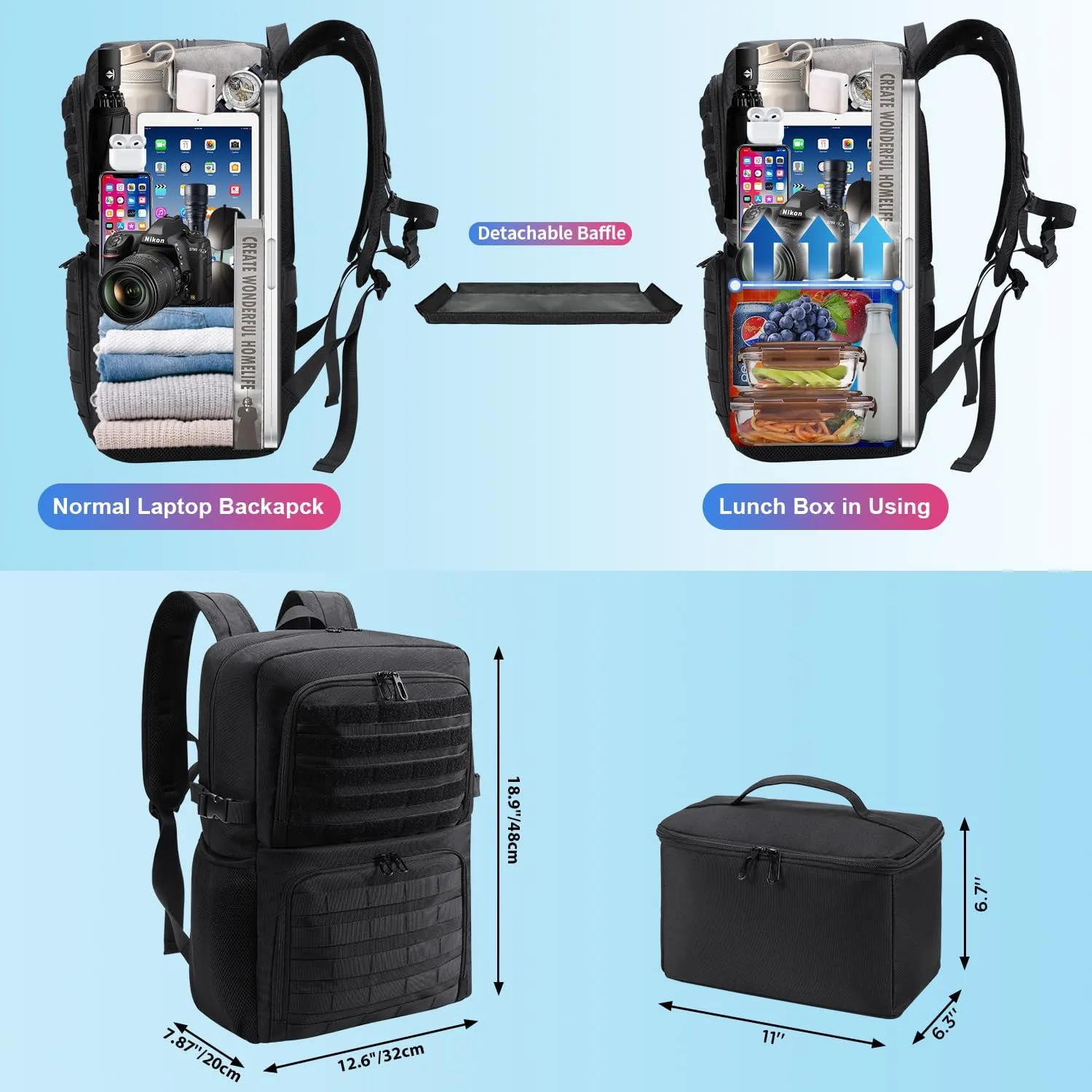 BERTASCHE Lunch Backpack, Laptop Backpack 17 inch Work Backpack w/Insulated Cooler Lunch box for Men Women, Casual Daypack for Work Commuter Picnic College,Black