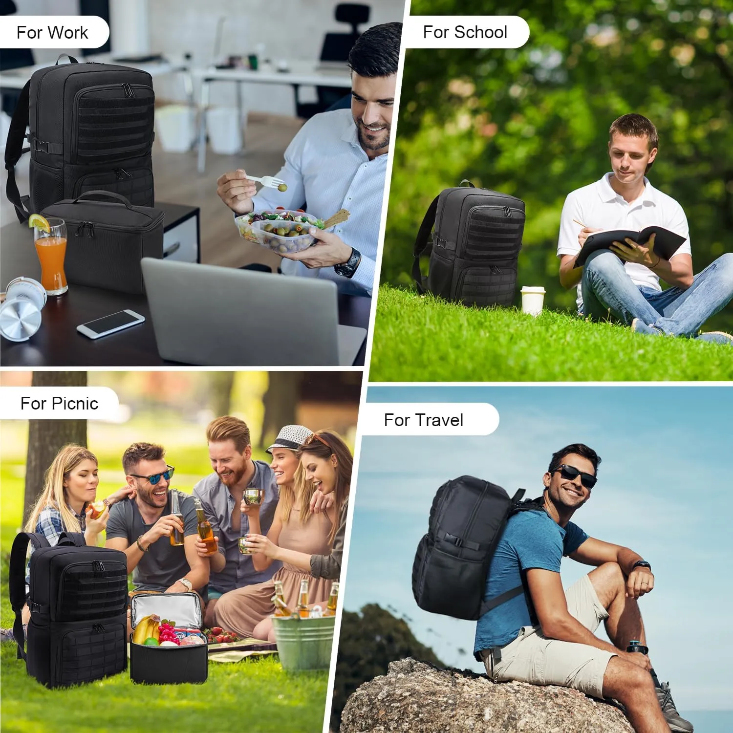 BERTASCHE Lunch Backpack, Laptop Backpack 17 inch Work Backpack w/Insulated Cooler Lunch box for Men Women, Casual Daypack for Work Commuter Picnic College,Black