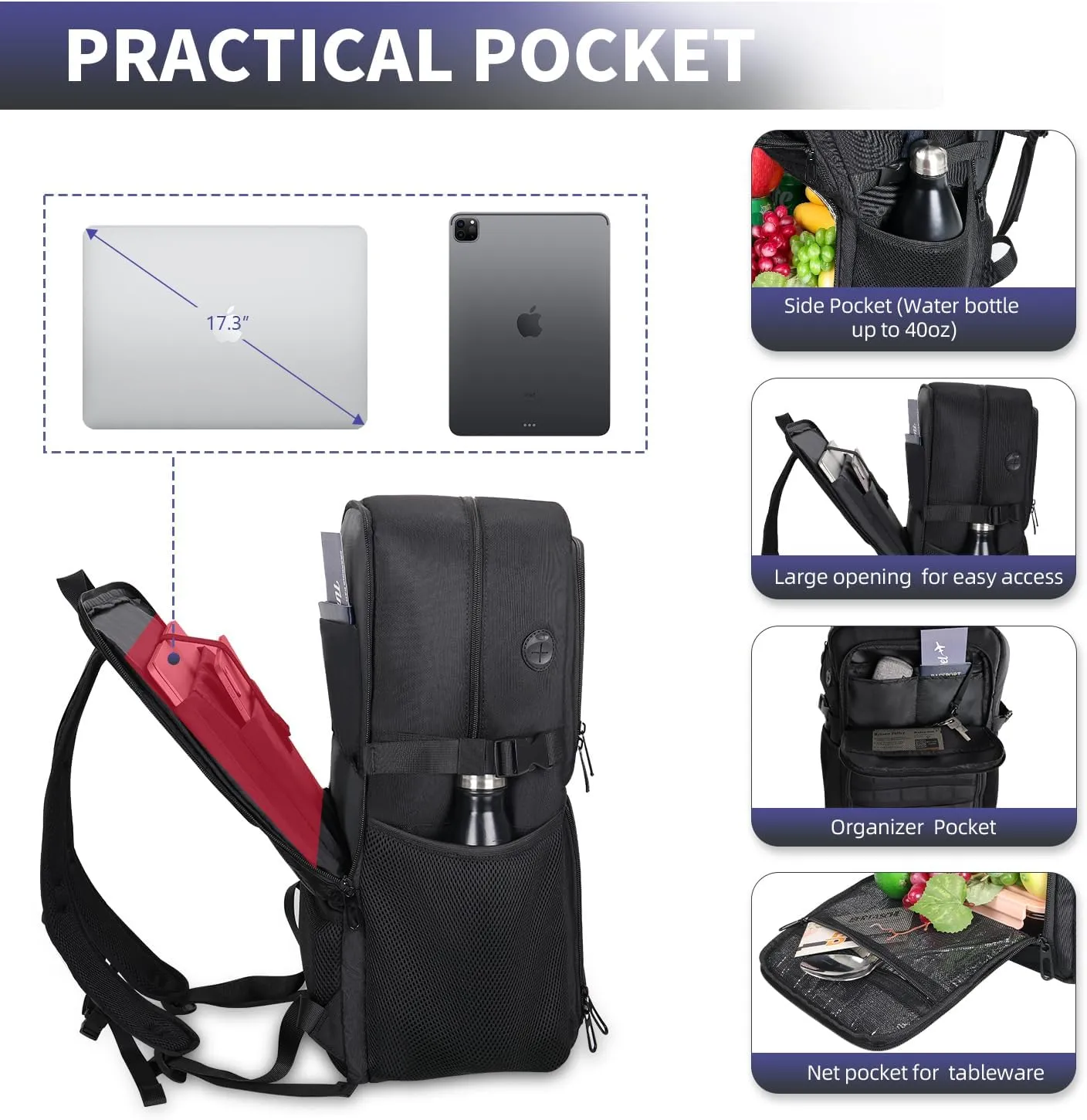 BERTASCHE Lunch Backpack, Work Backpack with Insulated Cooler Lunch Box 17.3 inch Laptop Backpack for Men Women, TSA Large Daypack for Commuter College Travel Picnic