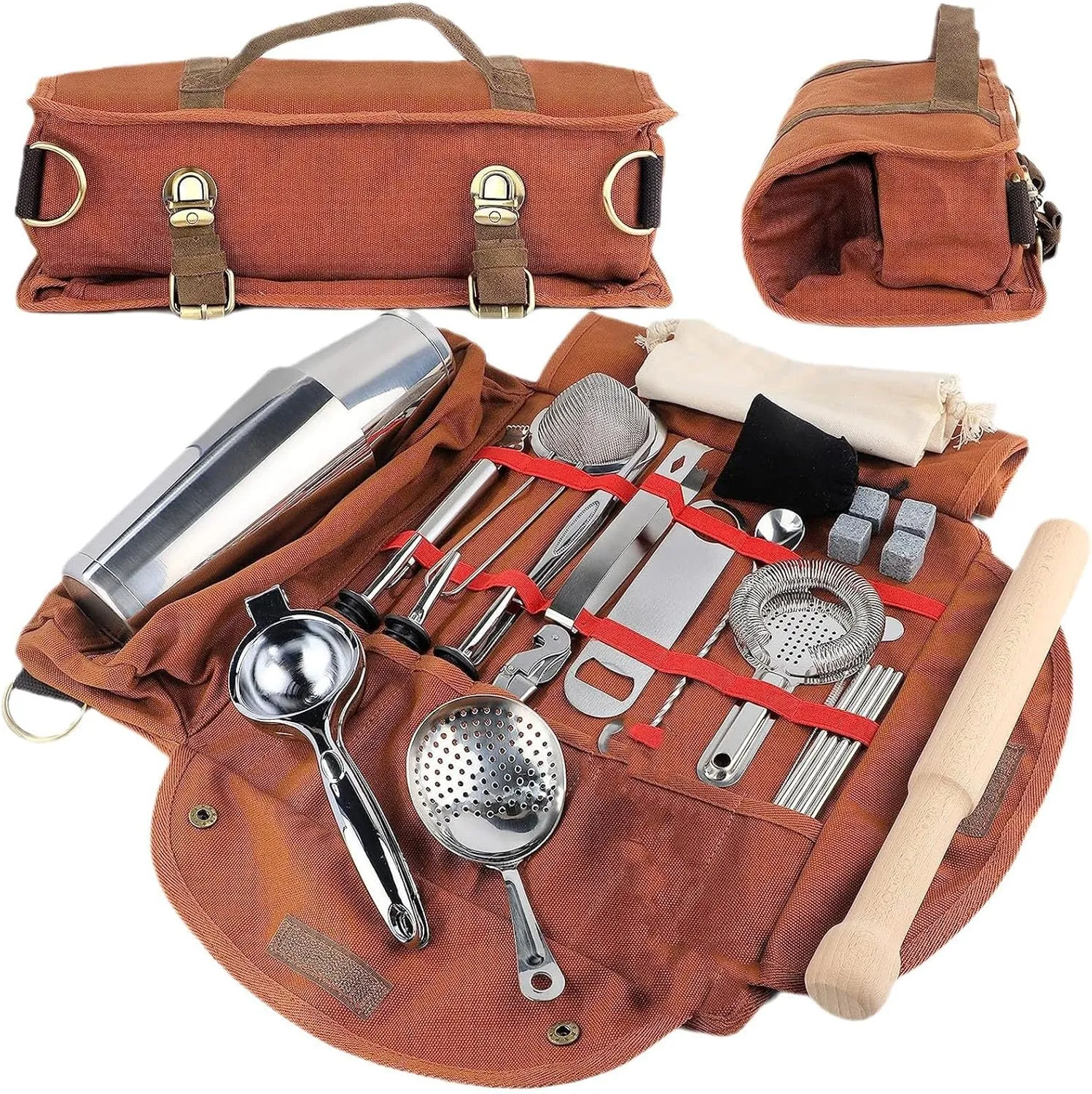 BFYDOAA Bartending Tool Bag Canvas Large Capacity Portable Bartender Kit Bag with Adjustable Shoulder Strap for Cocktail Making,Camping, Parties(Coffee)