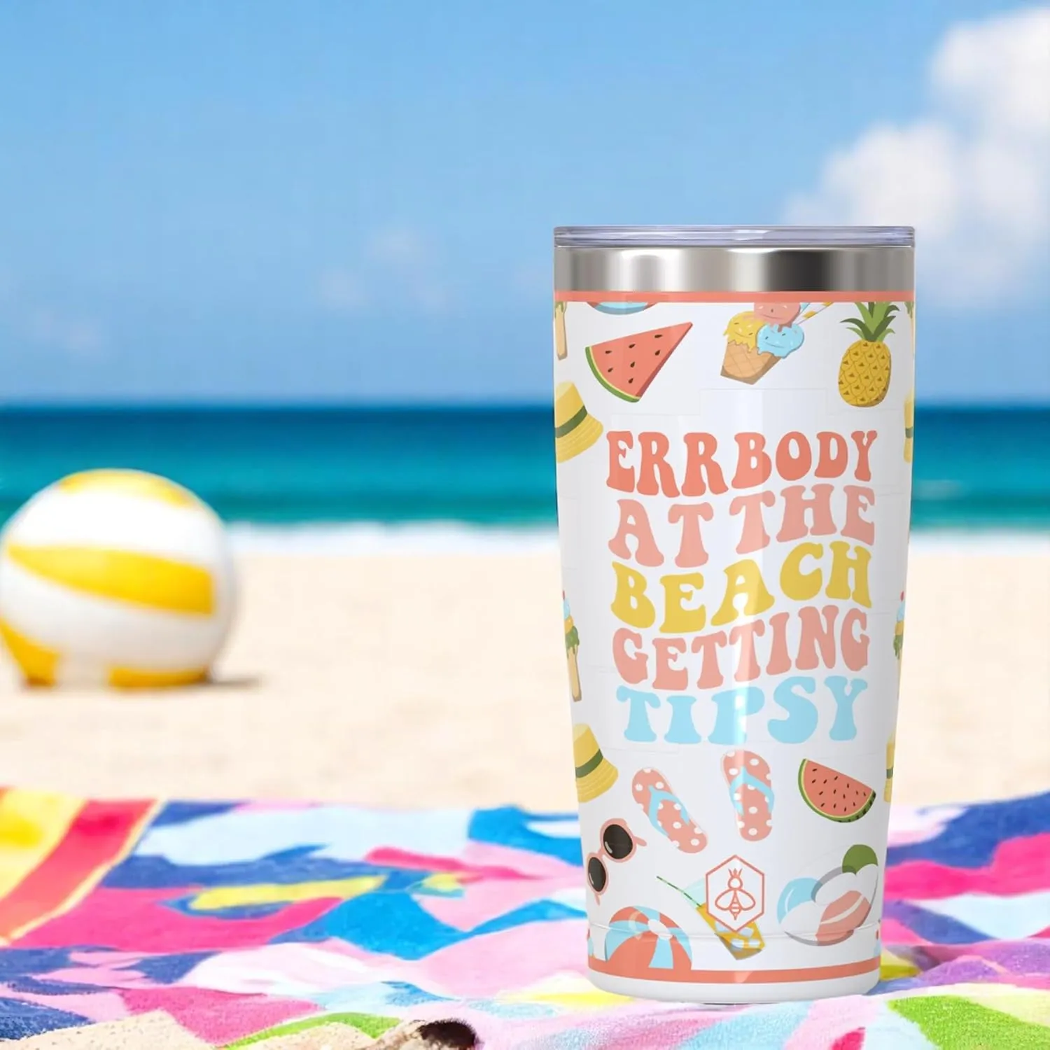 Biddlebee 20oz Insulated Coffee Tumbler – Leakproof, BPA-Free Stainless Steel Cup for Hot & Cold Drinks – Travel Mug, Birthday Gift for Women, Mom, Best Friend (Errbody at the Beach)