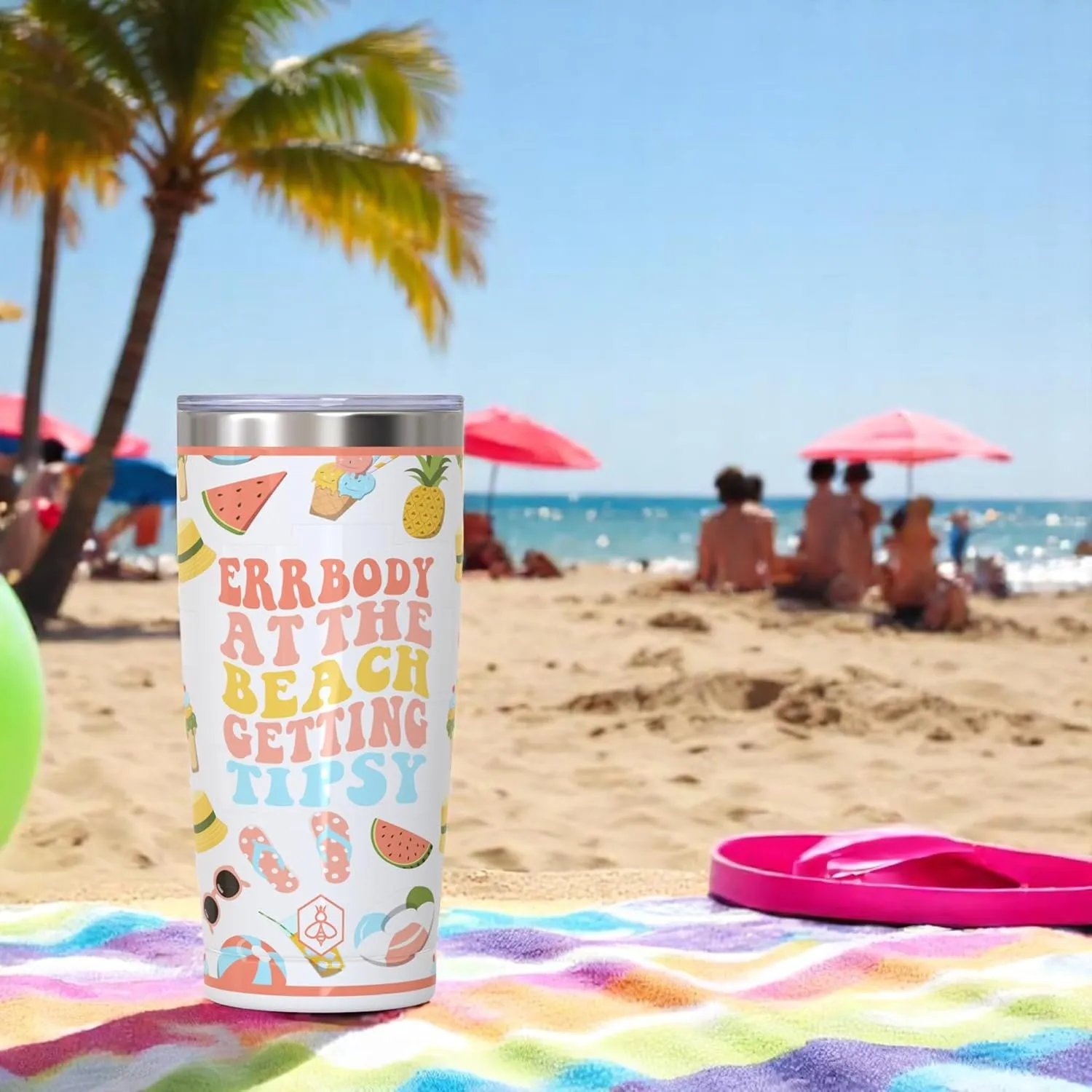 Biddlebee 20oz Insulated Coffee Tumbler – Leakproof, BPA-Free Stainless Steel Cup for Hot & Cold Drinks – Travel Mug, Birthday Gift for Women, Mom, Best Friend (Errbody at the Beach)