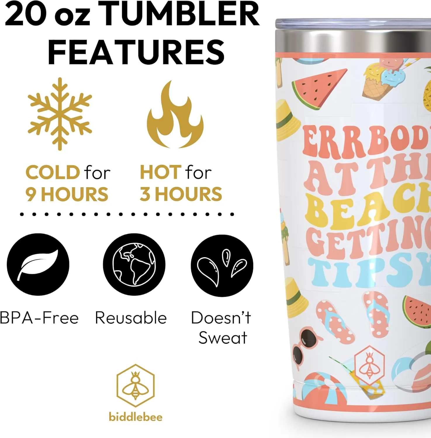 Biddlebee 20oz Insulated Coffee Tumbler – Leakproof, BPA-Free Stainless Steel Cup for Hot & Cold Drinks – Travel Mug, Birthday Gift for Women, Mom, Best Friend (Errbody at the Beach)