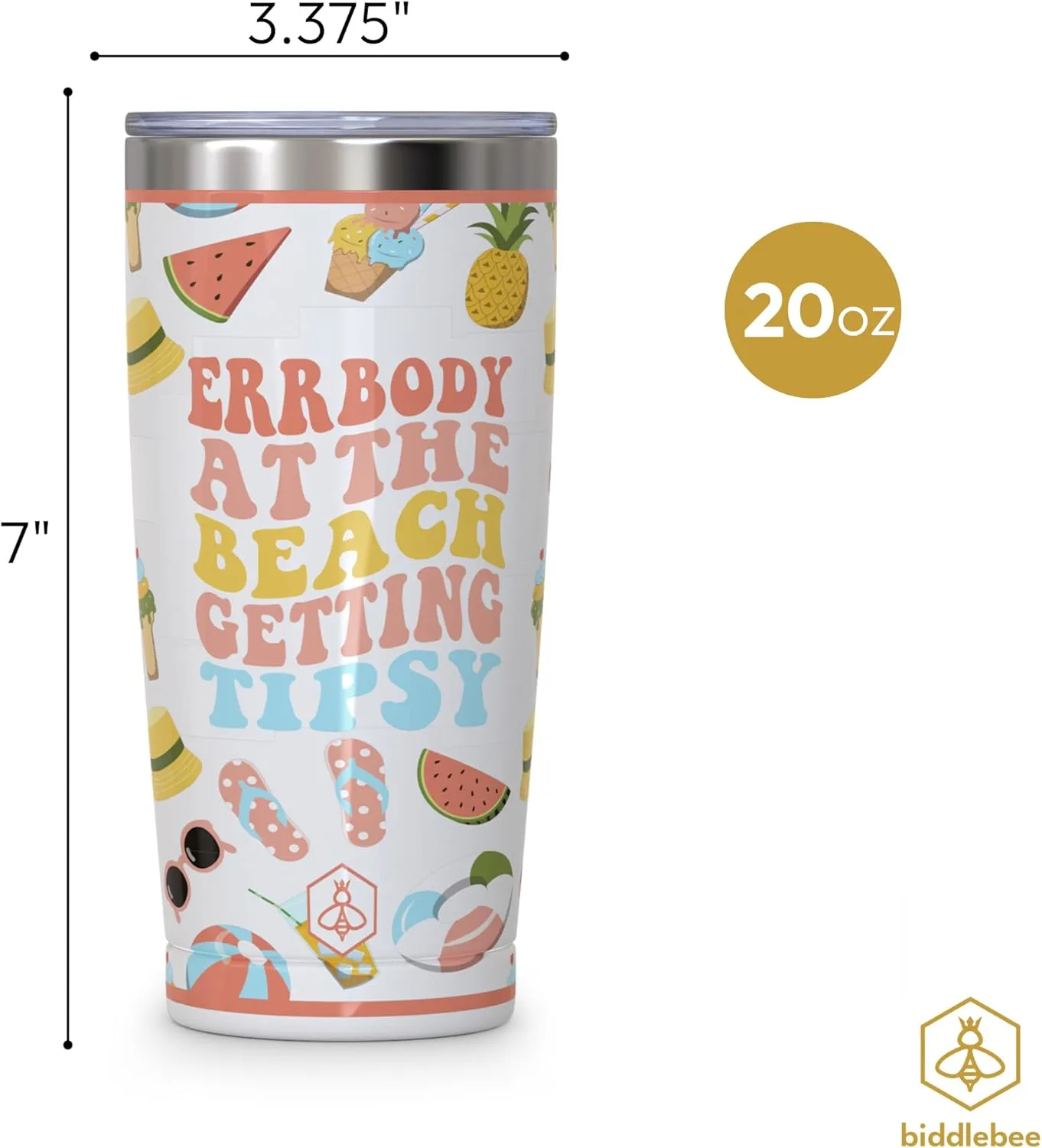 Biddlebee 20oz Insulated Coffee Tumbler – Leakproof, BPA-Free Stainless Steel Cup for Hot & Cold Drinks – Travel Mug, Birthday Gift for Women, Mom, Best Friend (Errbody at the Beach)