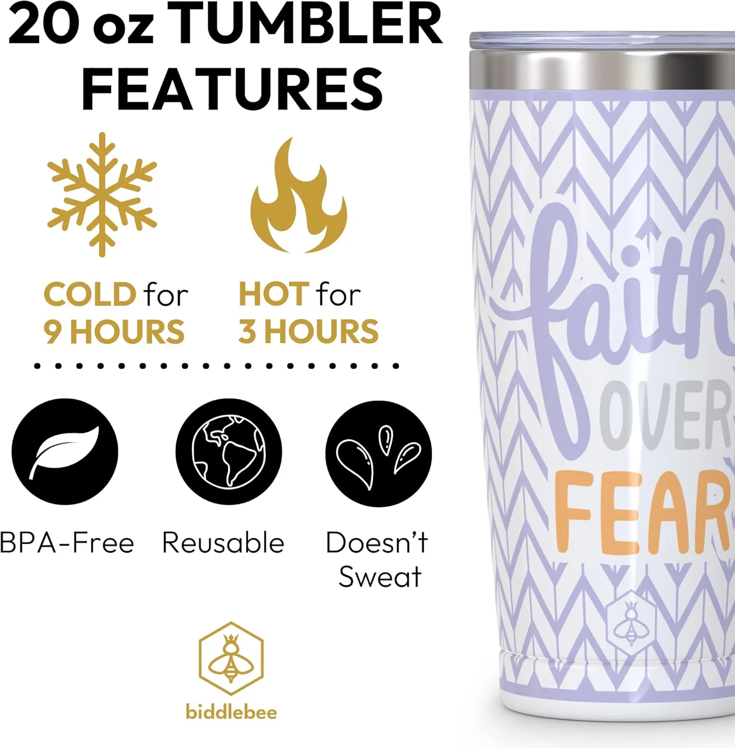 Biddlebee 20oz Insulated Coffee Tumbler – Leakproof Stainless Steel Travel Mug with BPA-Free Lid – Faith Over Fear Design – Gift for Women, Mom, Best Friend – Christian Gifts