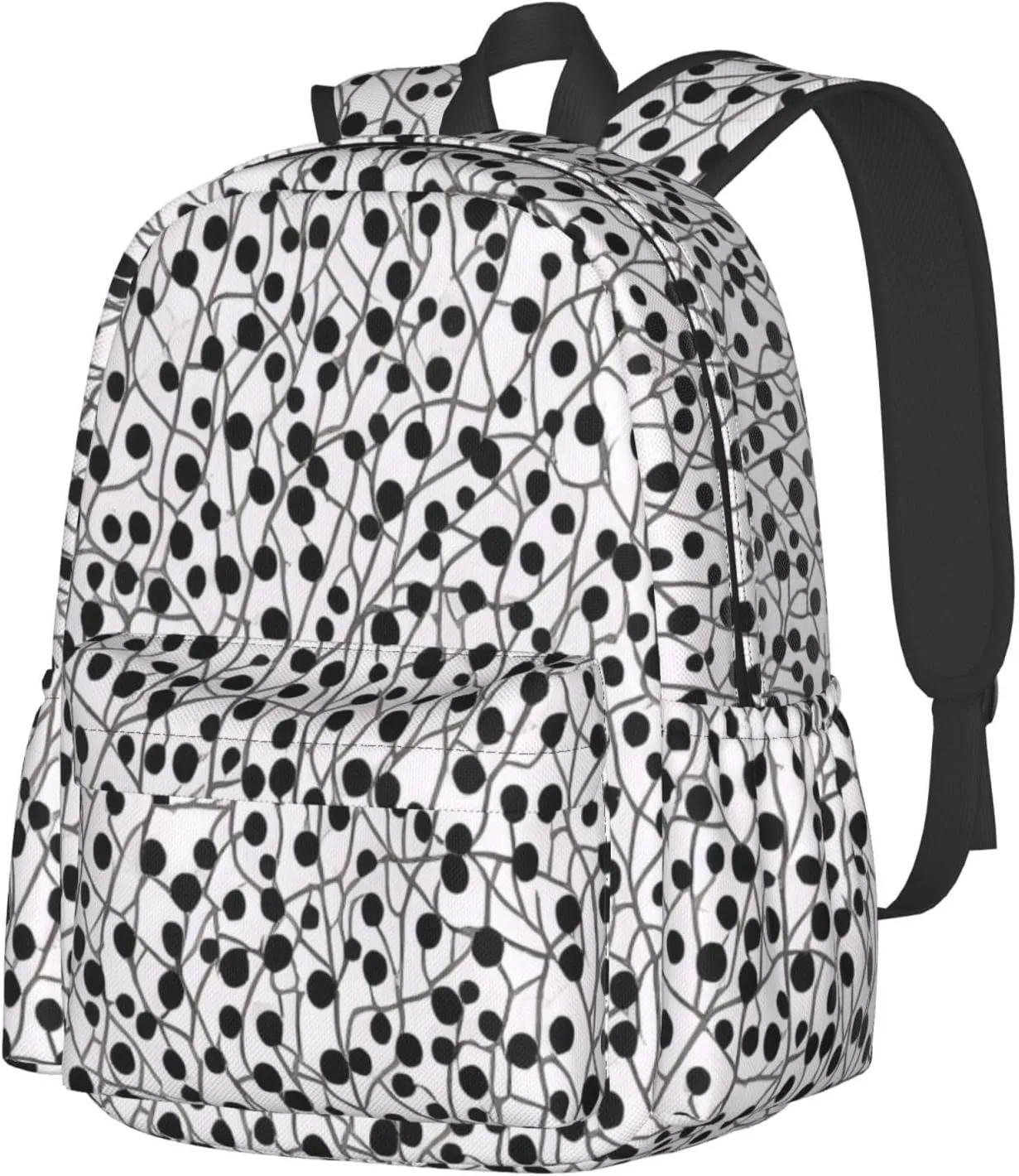 Black And White Dot Print Pattern Backpack Print Shoulder Canvas Bag Travel Large Capacity Casual Daypack With Side Pockets