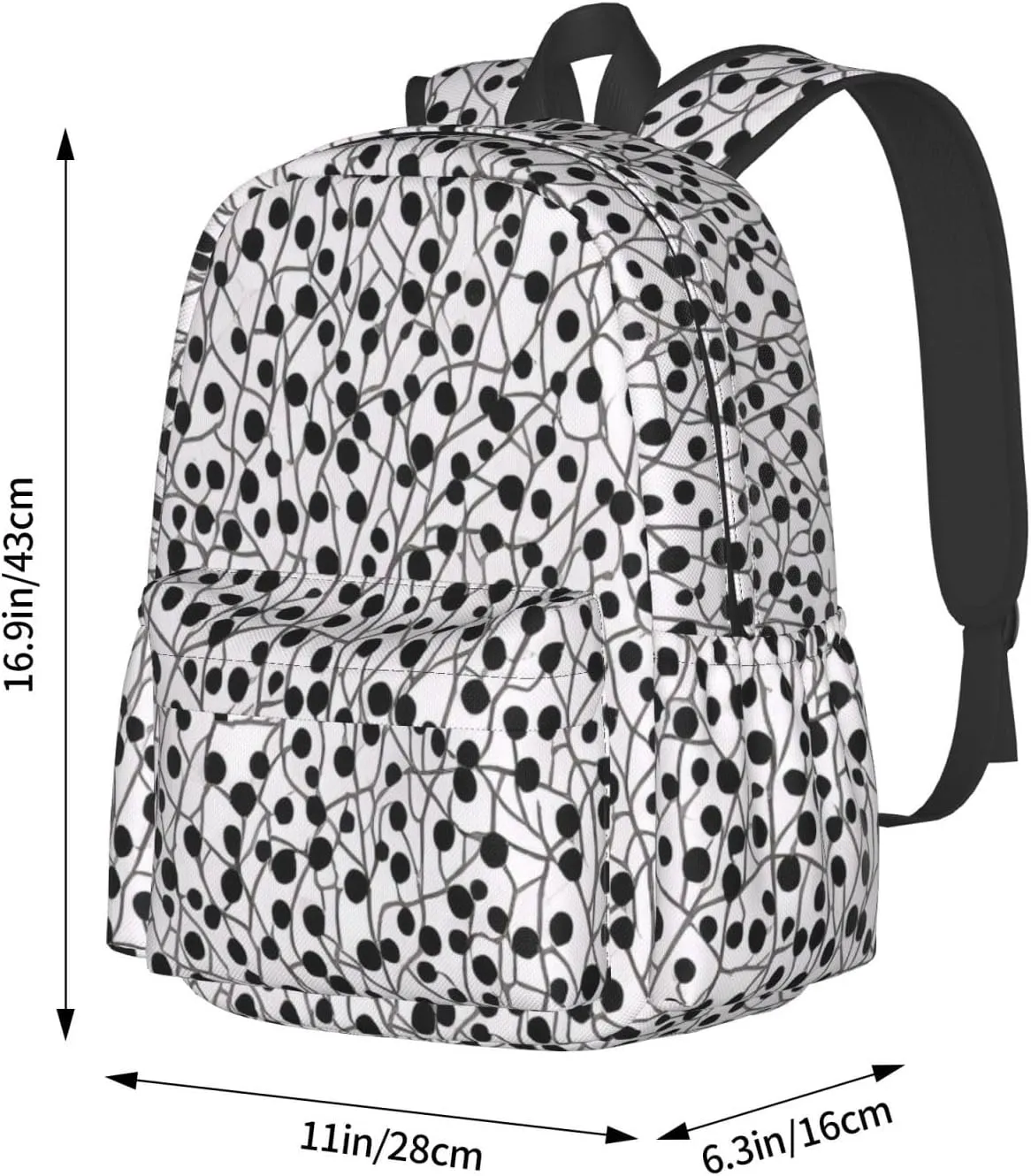 Black And White Dot Print Pattern Backpack Print Shoulder Canvas Bag Travel Large Capacity Casual Daypack With Side Pockets