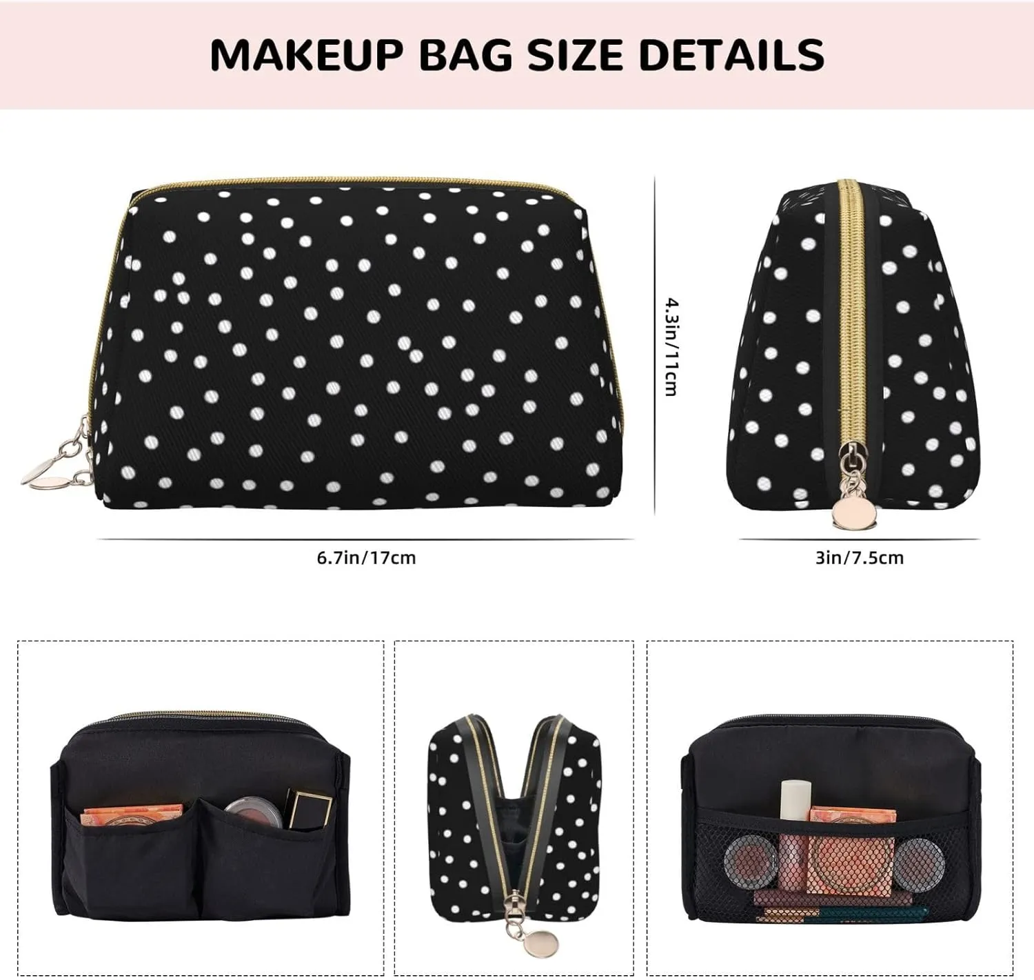 Black and White Polka Dots Printed Small Makeup Bag,Travel Cosmetic Bag Purse with Zipper,Water-resistant Makeup Organizer Bag for Women