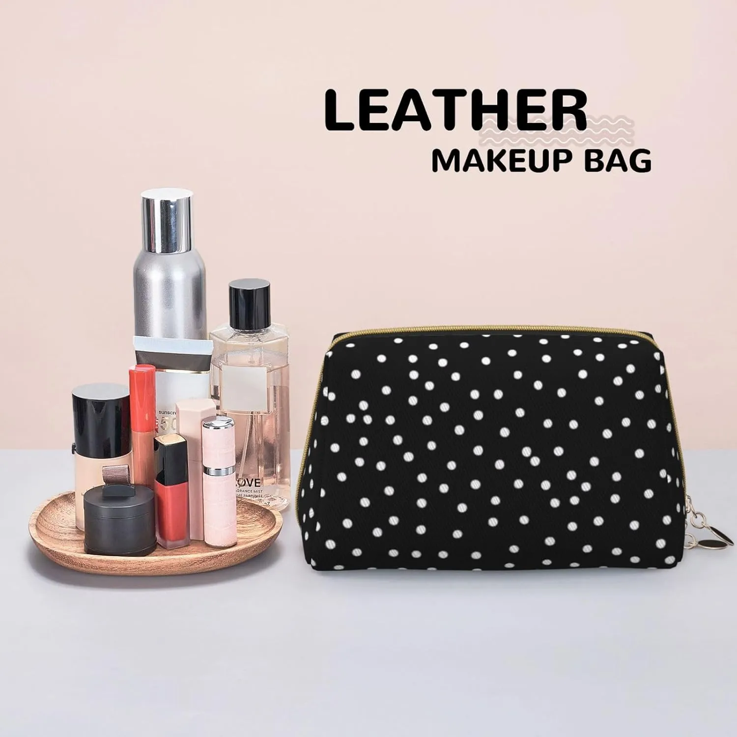 Black and White Polka Dots Printed Small Makeup Bag,Travel Cosmetic Bag Purse with Zipper,Water-resistant Makeup Organizer Bag for Women