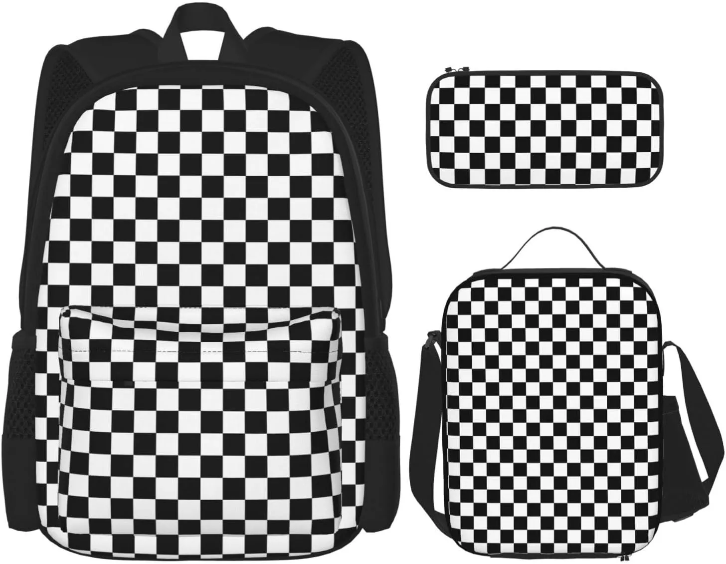 Black and White Race Checkered Flag Multifunctional Pocket Backpack Crossbody Lunch Bag Pencil Case 3Pcs Set Large Capacity Backpack