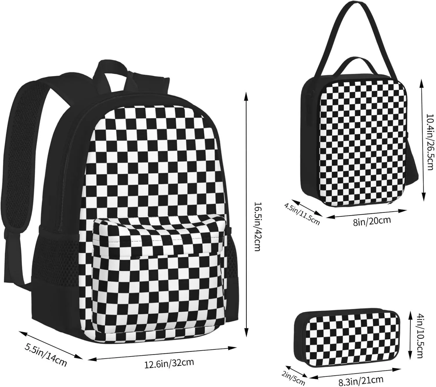 Black and White Race Checkered Flag Multifunctional Pocket Backpack Crossbody Lunch Bag Pencil Case 3Pcs Set Large Capacity Backpack
