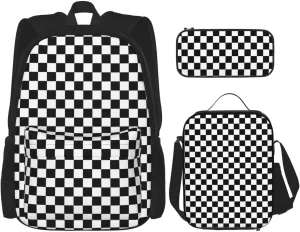 Black and White Race Checkered Flag Multifunctional Pocket Backpack Crossbody Lunch Bag Pencil Case 3Pcs Set Large Capacity Backpack