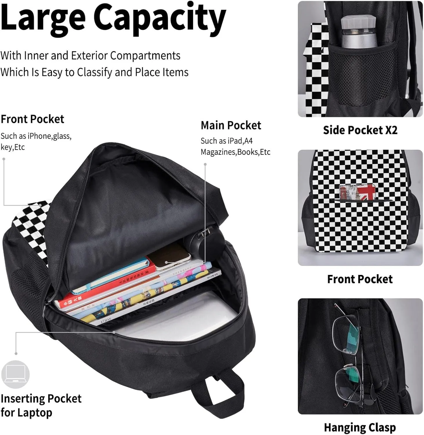 Black and White Race Checkered Flag Multifunctional Pocket Backpack Crossbody Lunch Bag Pencil Case 3Pcs Set Large Capacity Backpack