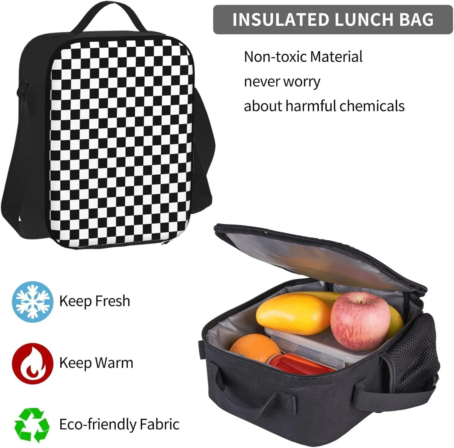 Black and White Race Checkered Flag Multifunctional Pocket Backpack Crossbody Lunch Bag Pencil Case 3Pcs Set Large Capacity Backpack