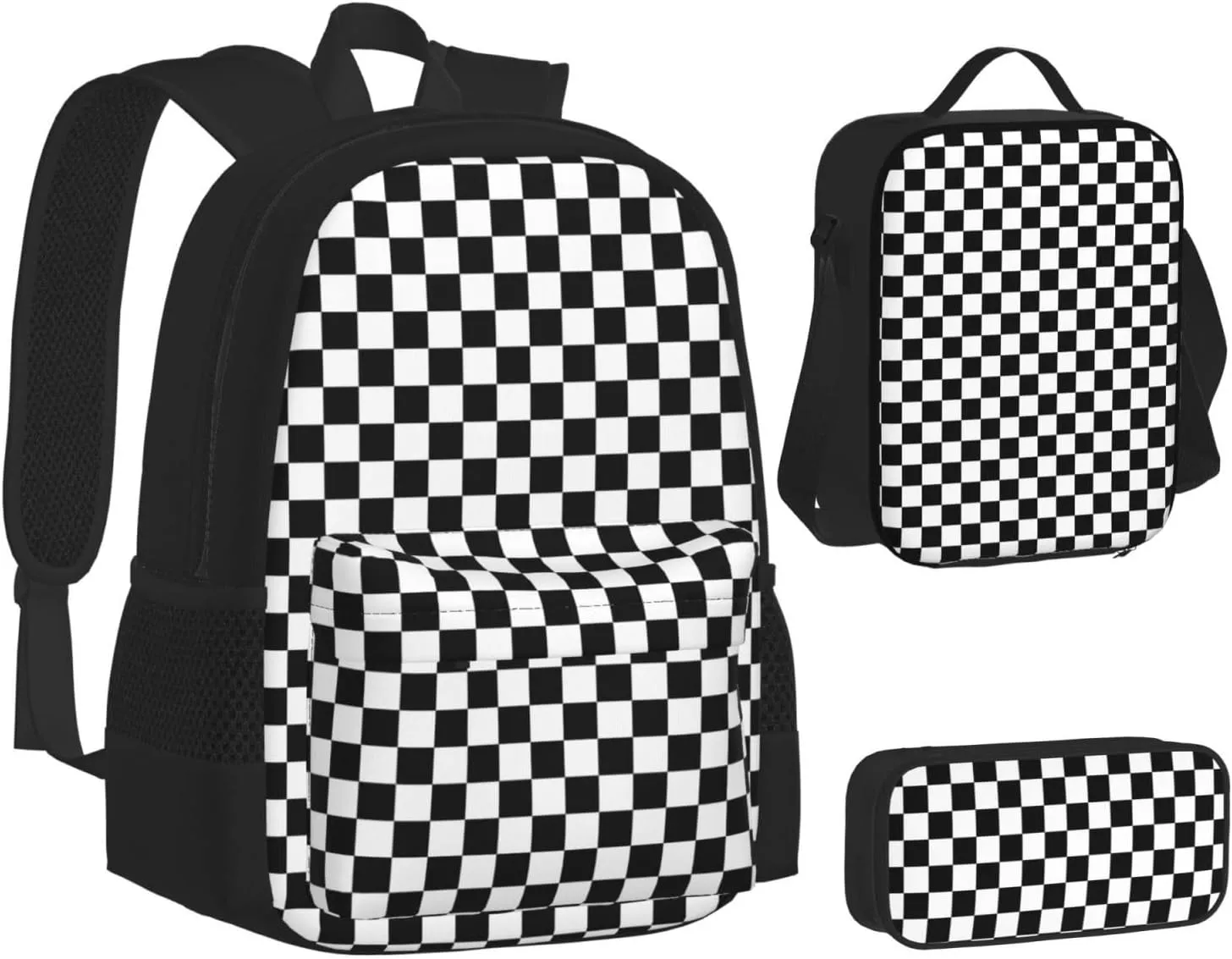 Black and White Race Checkered Flag Multifunctional Pocket Backpack Crossbody Lunch Bag Pencil Case 3Pcs Set Large Capacity Backpack