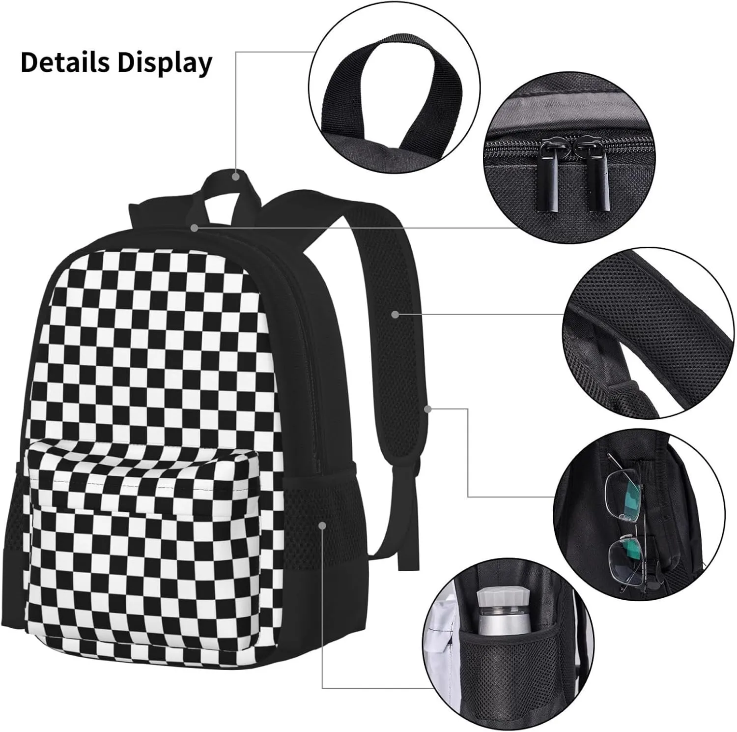 Black and White Race Checkered Flag Multifunctional Pocket Backpack Crossbody Lunch Bag Pencil Case 3Pcs Set Large Capacity Backpack