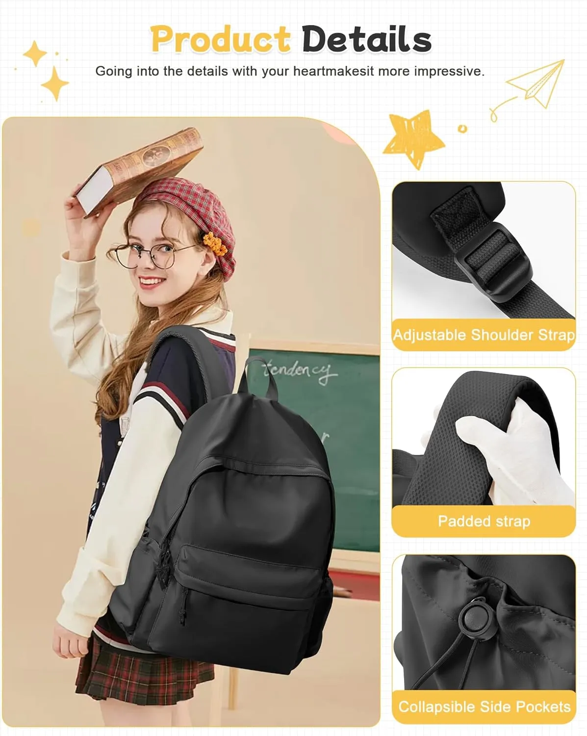 Black Backpack for Men Women Large, Gym Backpack for Women Foldable Outdoor Weekender Gym Bag, Waterproof Sports Back Pack & Dance Yoga travel Bag
