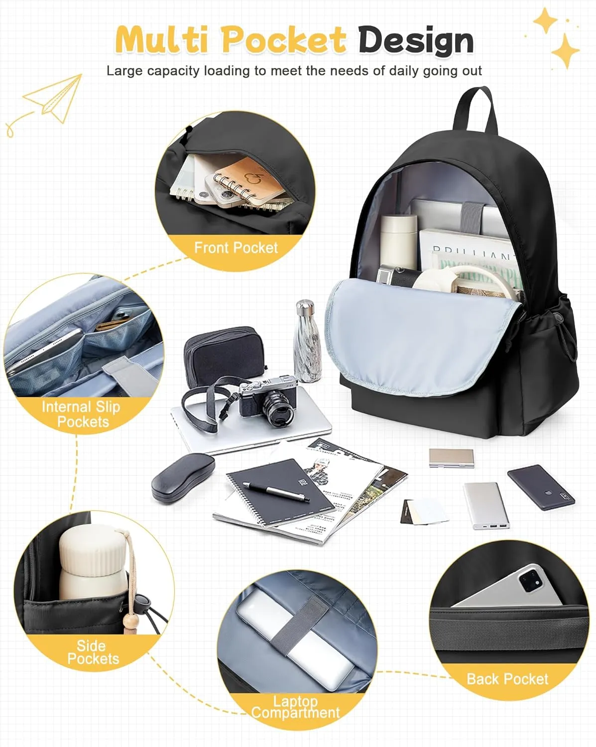 Black Backpack for Men Women Large, Gym Backpack for Women Foldable Outdoor Weekender Gym Bag, Waterproof Sports Back Pack & Dance Yoga travel Bag